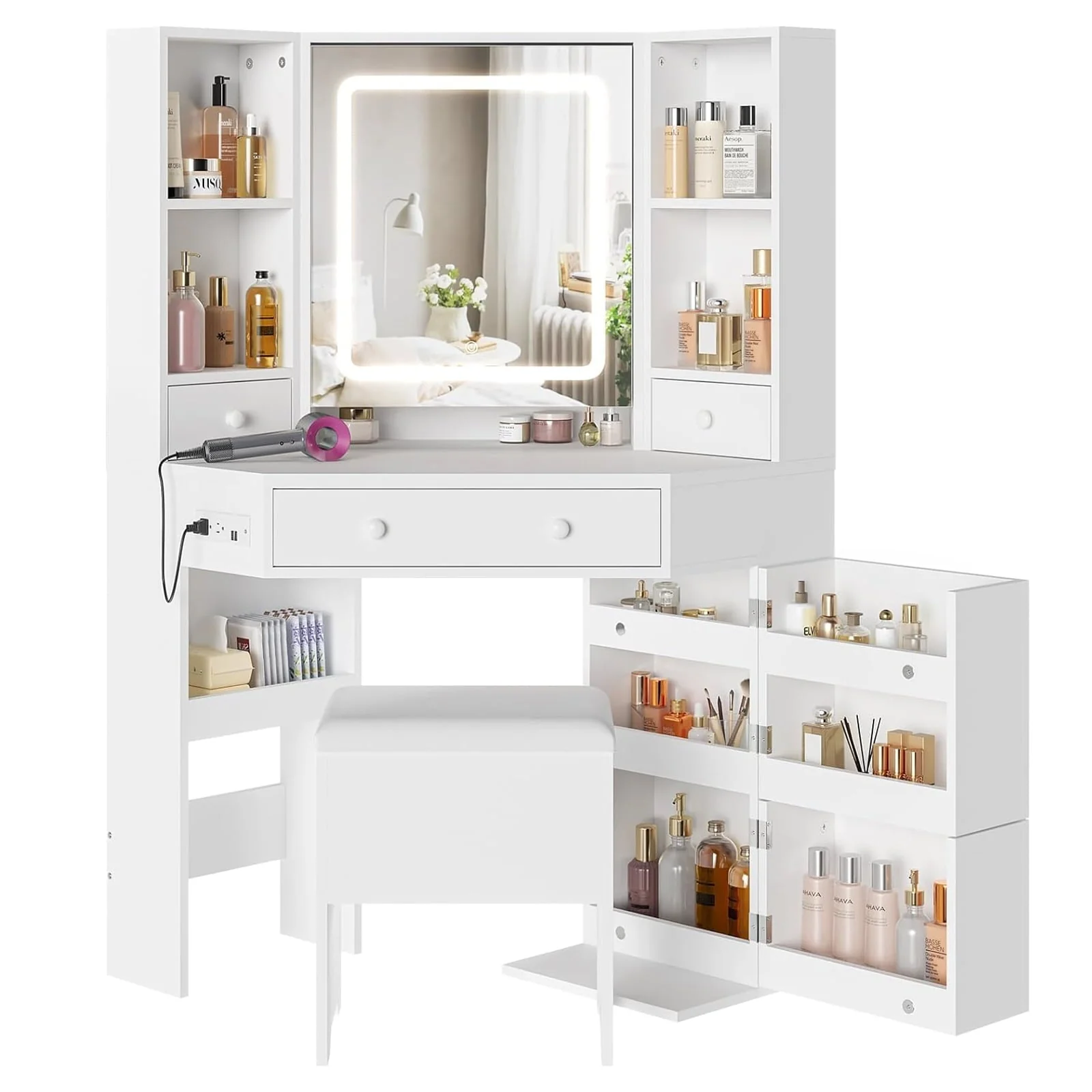 Black Vanity Set with Lights Charging Station Cushioned Stool, Modern Makeup Vanity Desk Table with Visible Drawers and Open Storage Shelves for Women Girls(Black) - Image 7