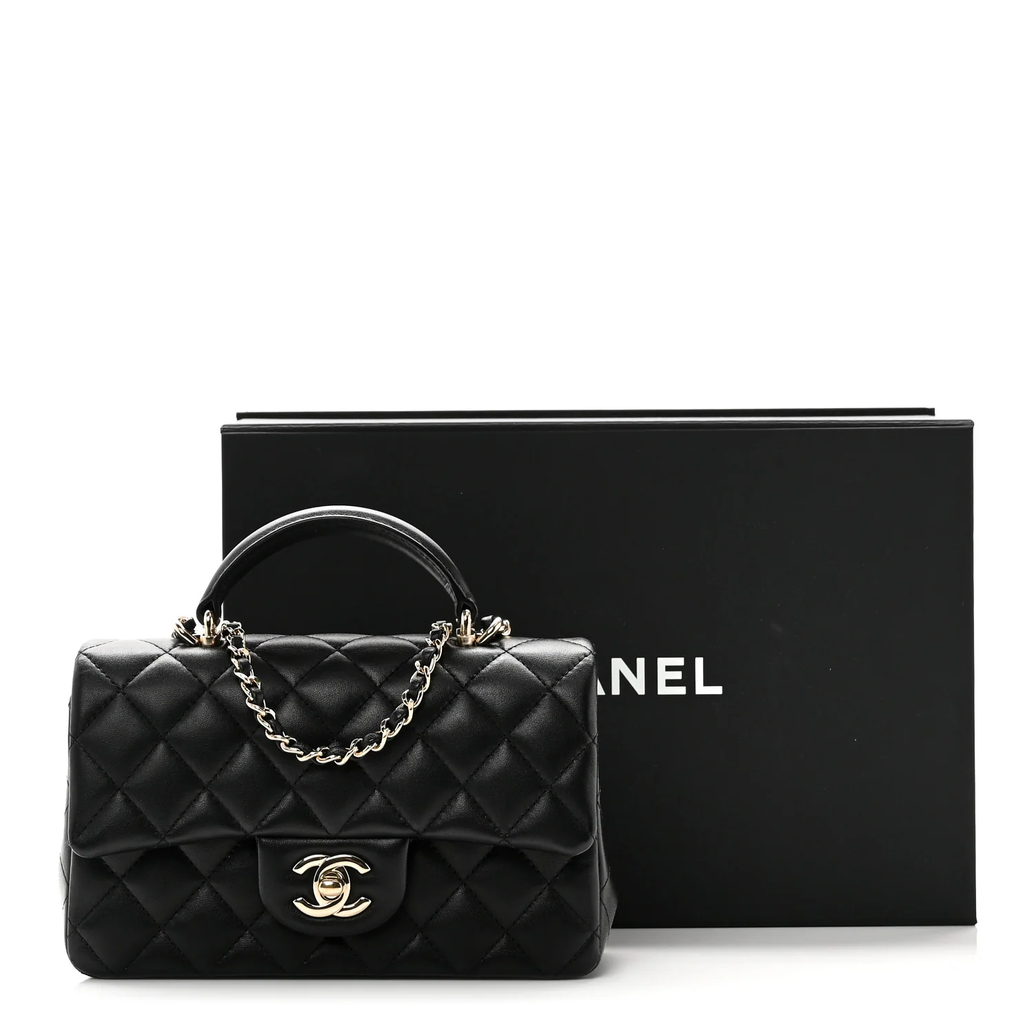 Lambskin Quilted Mini Top Handle Rectangular Flap Black