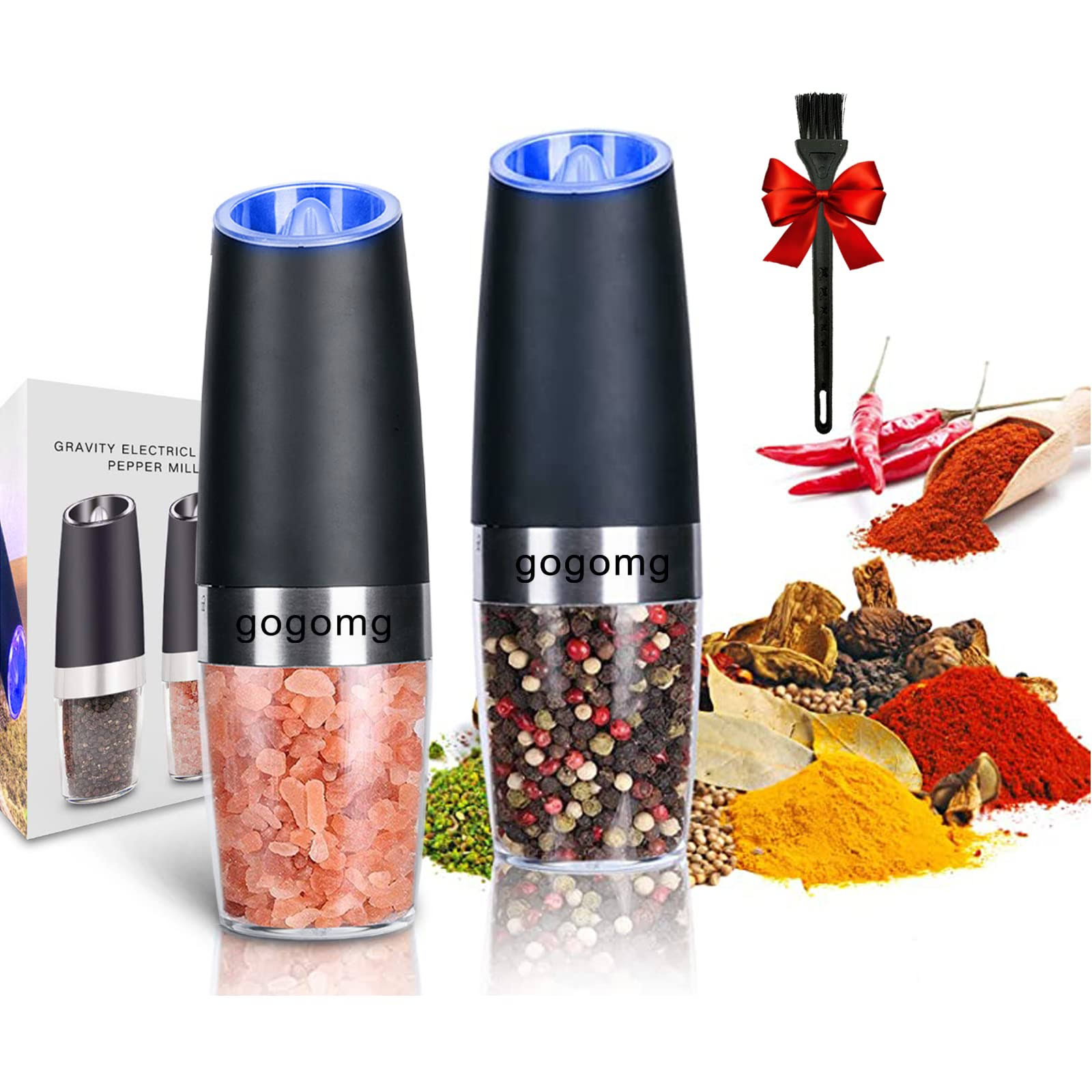 Electric Salt and Pepper Grinder Set, Gravity Sensor, Automatic Pepper Mill, One Hand Operation, Battery-Operated with Adjustable Coarseness, Blue