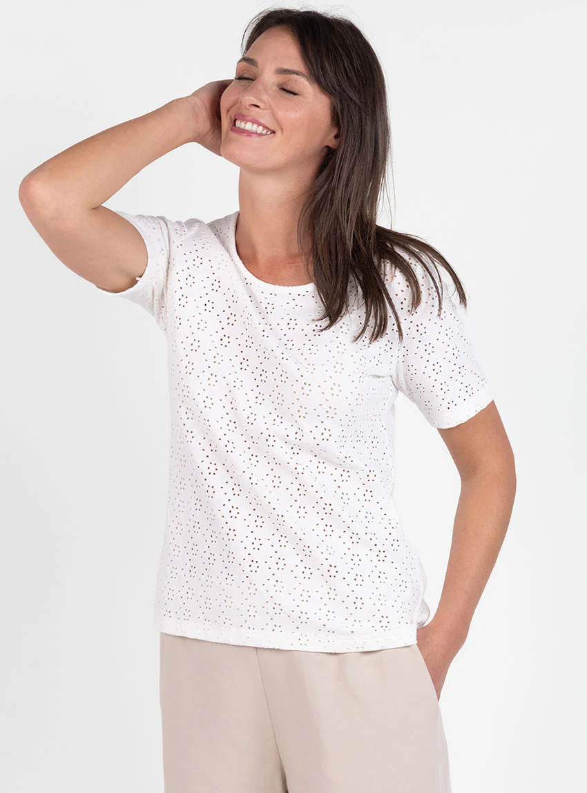 Tee-shirt femme en maille ajourée coton blanc crème