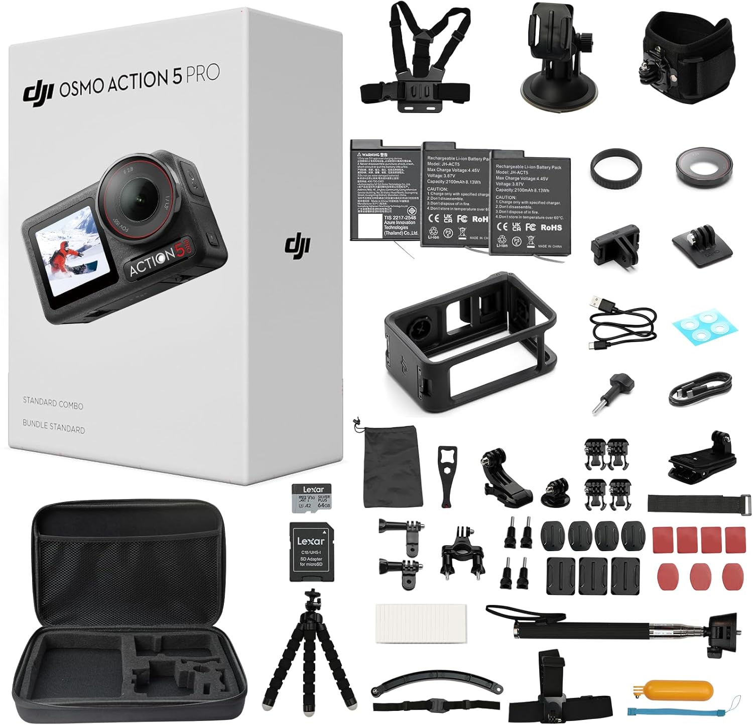 DJI Osmo Action 5 Pro Standard Combo with 58 Piece Accessory Kit and 2 Extra Batteries + 64GB Card - Waterproof Action Camera with 1/1.3