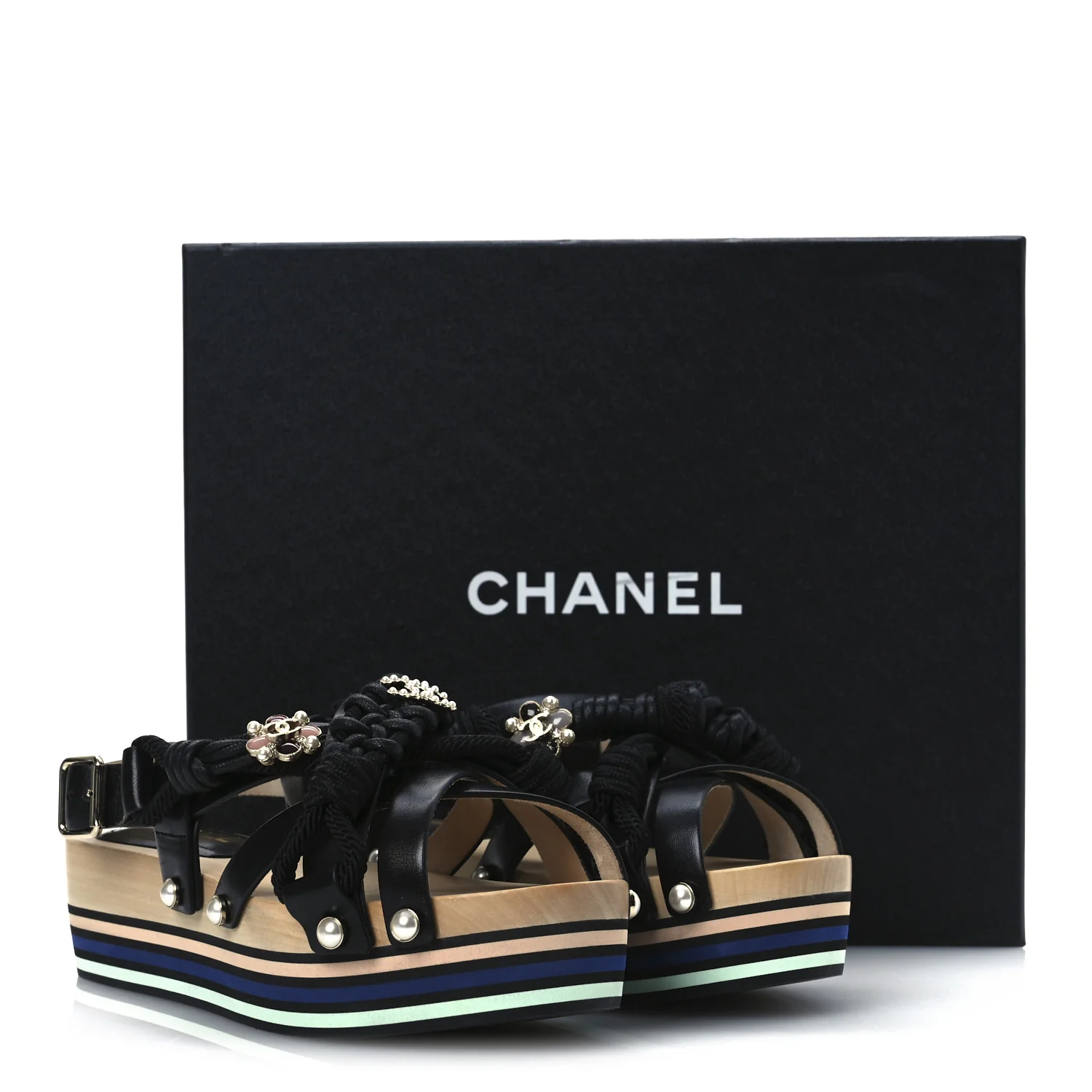 Calfskin Cord Pearl CC Sandals 38 Black