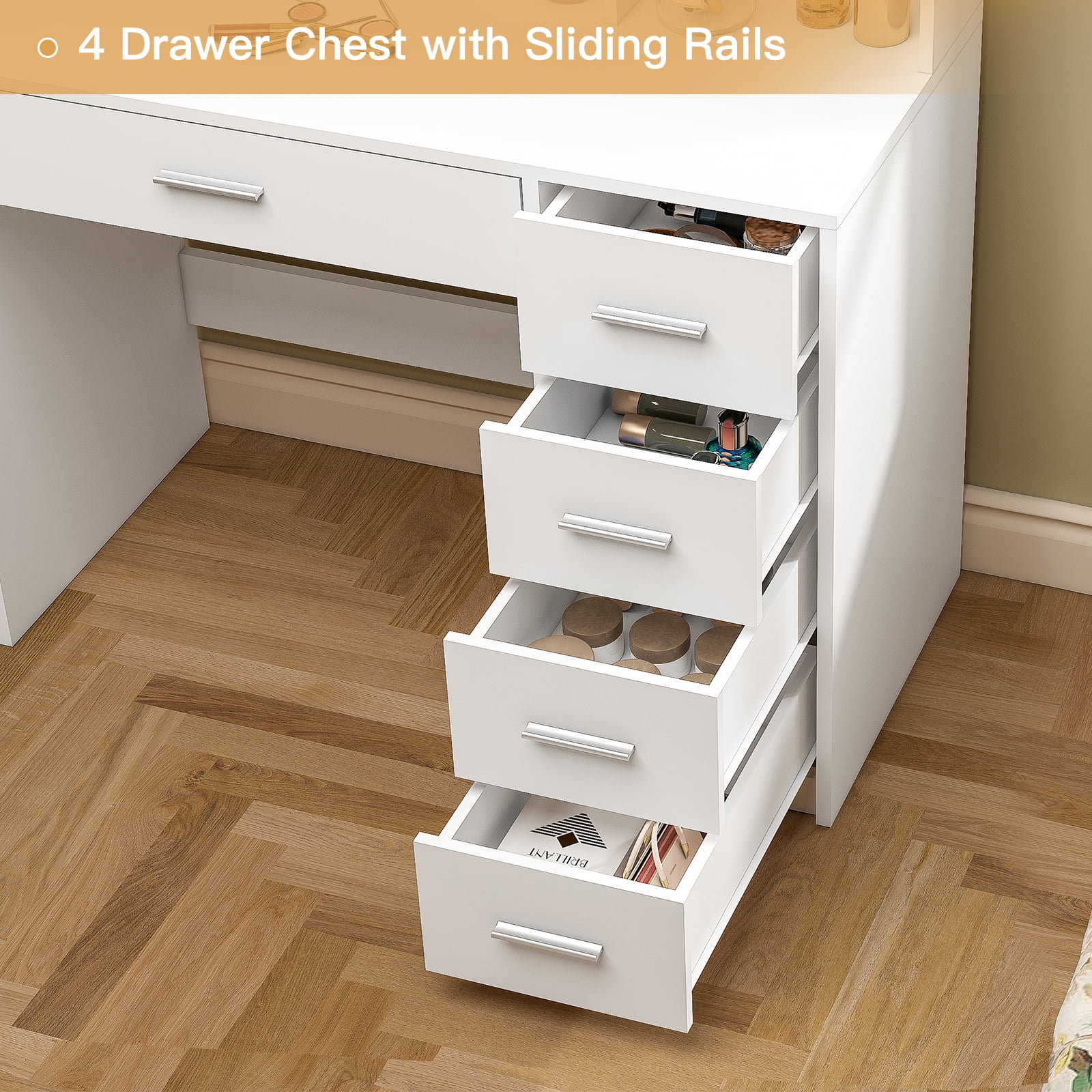 Makeup Vanity Desk with Mirror Lights, Vanity Table with 5 Drawers Storage Shelves, Makeup Vanity , 3 Color Modes Adjustable Brightness Dressing Table, Bedroom, White(White) - Image 4