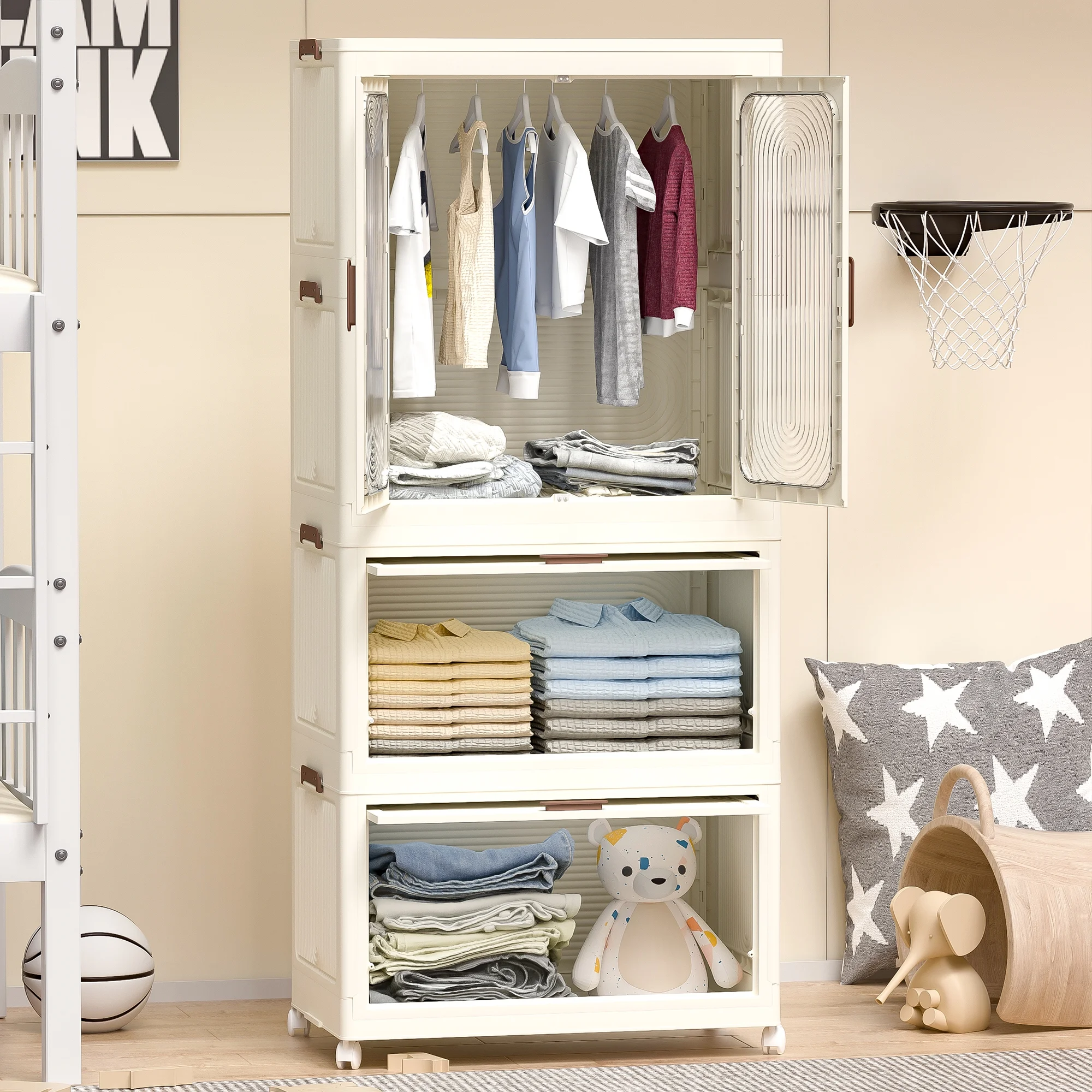 Kids Portable Wardrobe w/ Magnetic Doors Hanging Rod 4-Cube Plastic Storage Cabinet,Nursery/Bedroom(4 Cubes) - Image 6