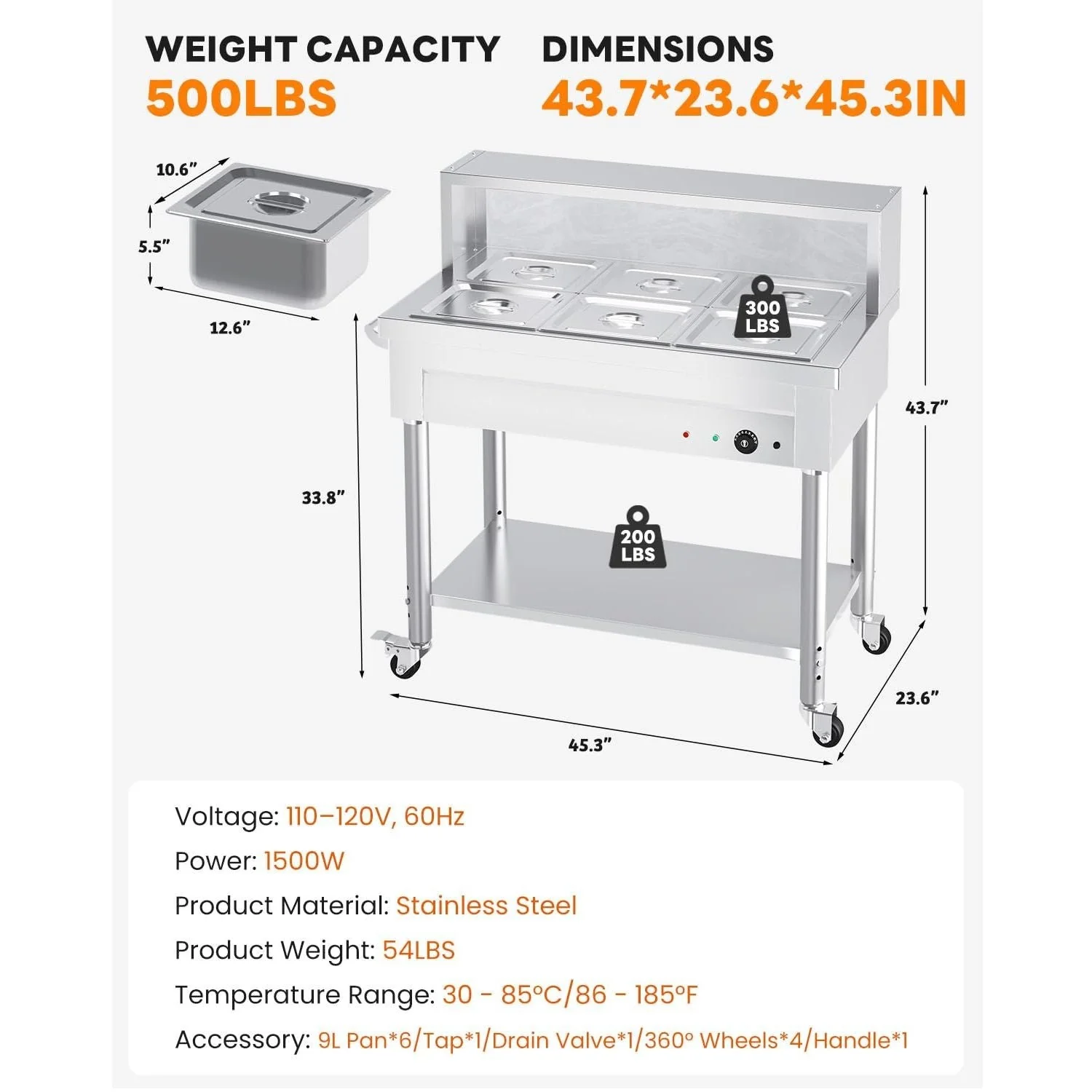 AECOJOY Commercial Food Warmer 1500W Electric Steam Table with 6x10QT Pans & Shelf