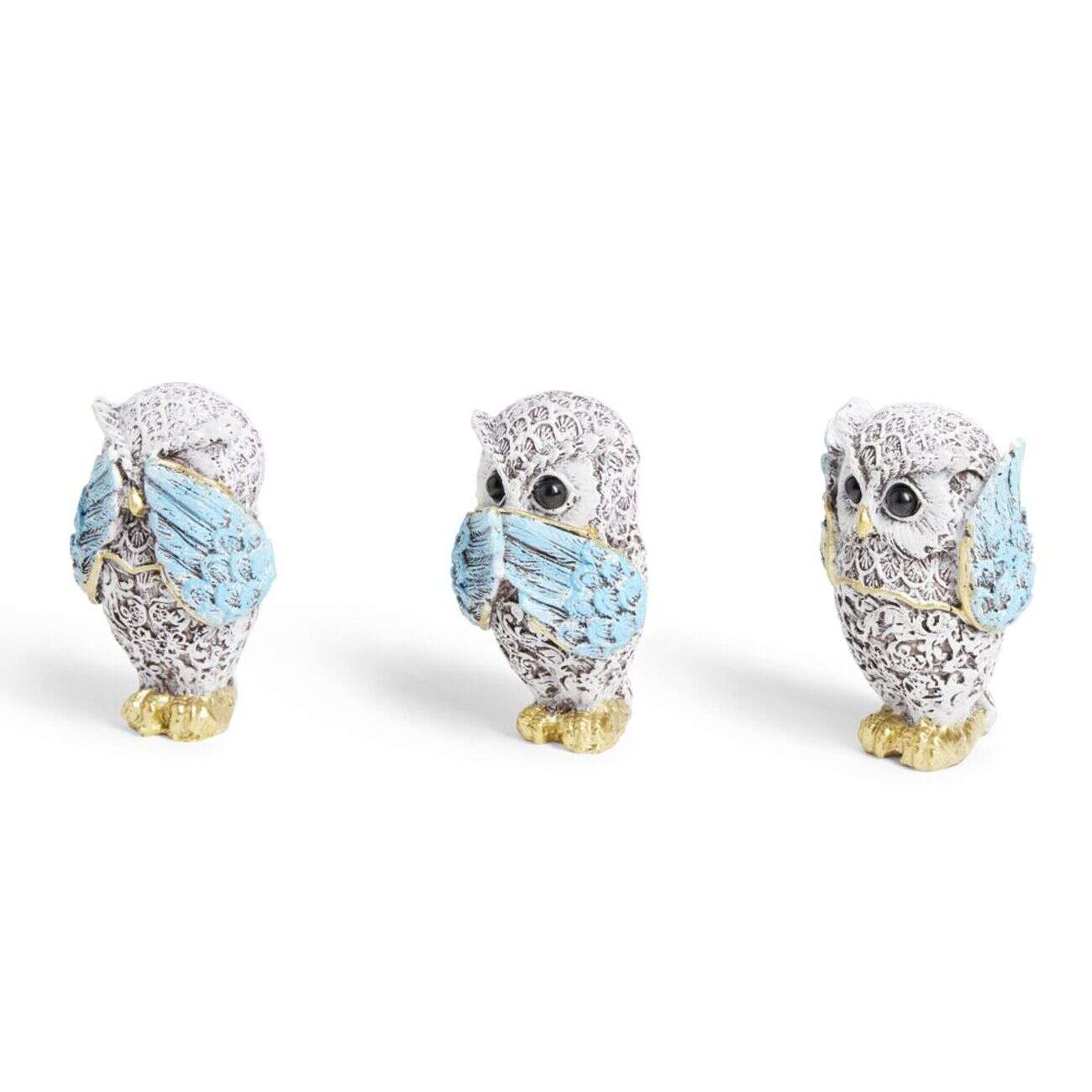 Hibou de la sagesse x3 en polyrésine bleu et doré H7cm