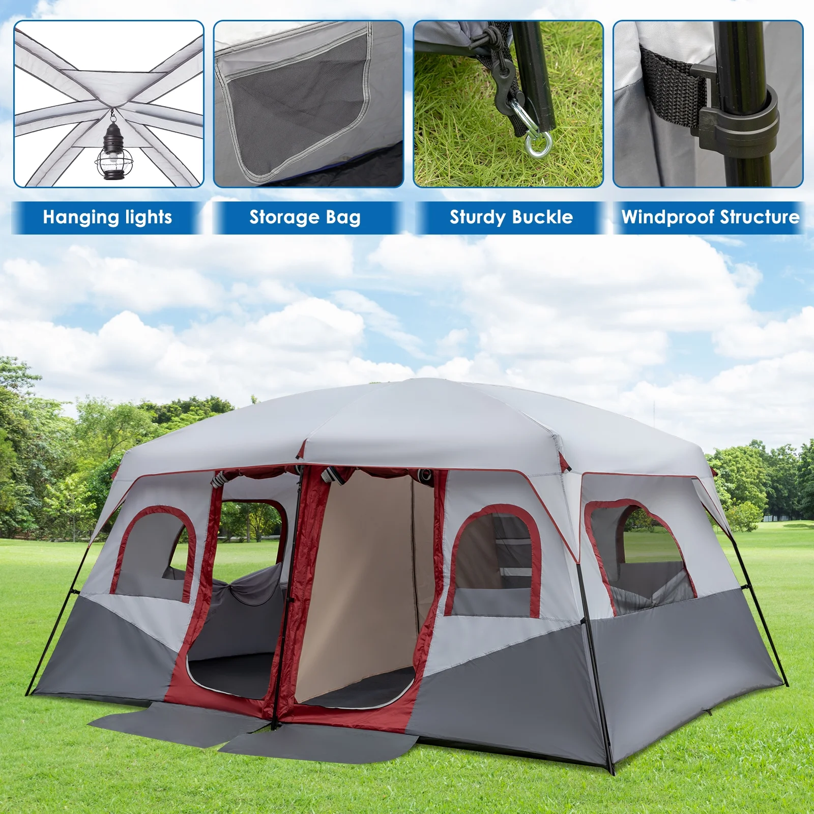 10 Person Tent Large Multi Room Tent for Family Camping Cabin Huge Tent with Carry Bag(Gray White) - Image 2