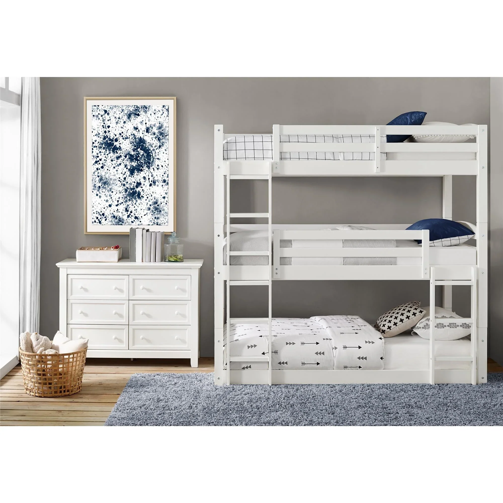 Better Homes and Gardens Tristan Kids' Convertible Triple Bunk Bed, Twin Over Twin Over Twin, White