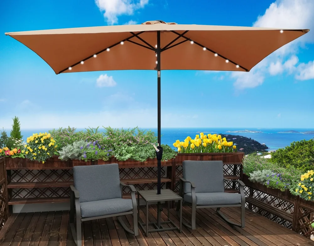 10 x 6.5t Patio Umbrella,Rectangular Picnic Table Umbrella,6-8 Chairs Tilt Umbrella with 26 LED Lights,Waterproof Umbrella Sunshade with Crank and Push Button Tilt for Garden Backyard Pool,Mushroom