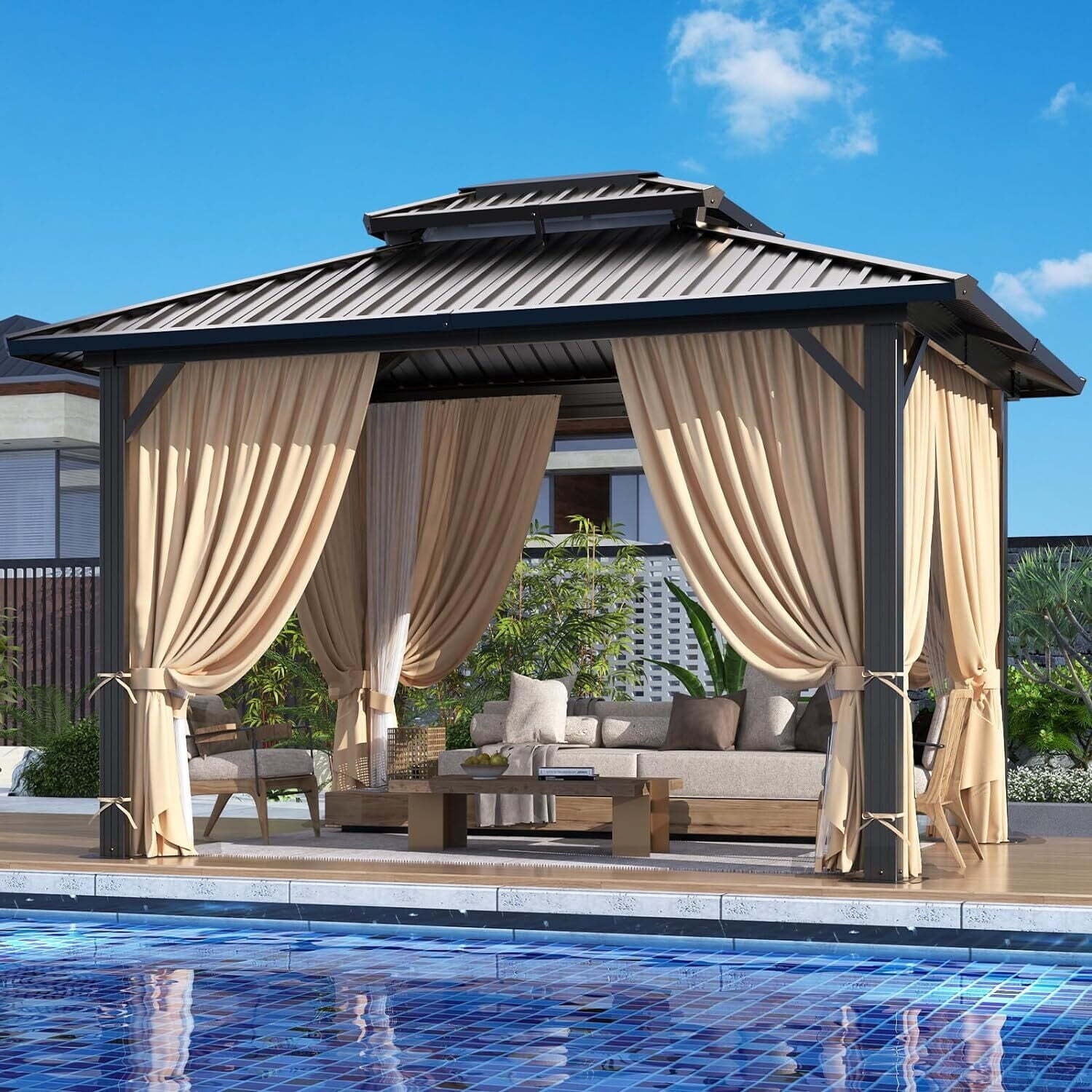 COBIZI 10x12 Hardtop Gazebo Aluminum Gazebos with Galvanized Steel Double Roof Metal Gazebo with Curtains and Netting Permanent Steel Gazebo for Backyard, Garden and Patio, Brown