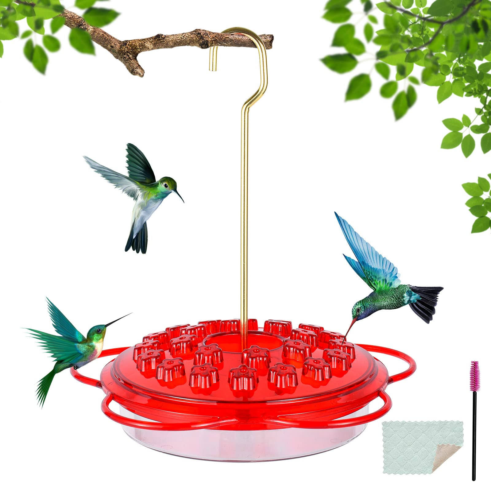 Hummingbird Feeder for Outdoors Hanging, 24 Feeding Ports, Leak-Proof, Easy to Clean and Refill, Saucer Hummer Birder Feeder with Cleaner Brush and