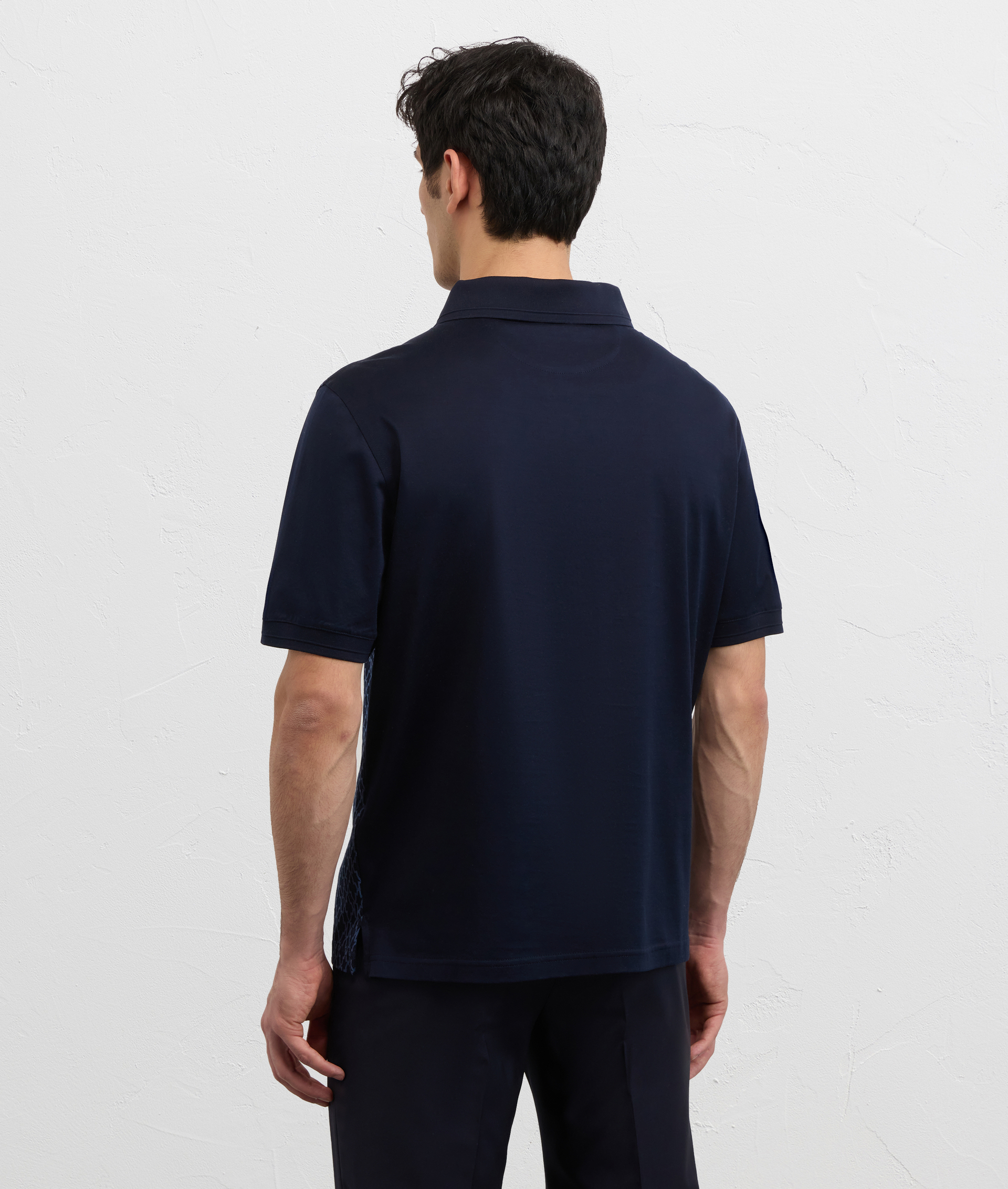 NAVY BLUE COTTON JERSEY POLO SHIRT WITH V NECK AND JACQUARD FRONT