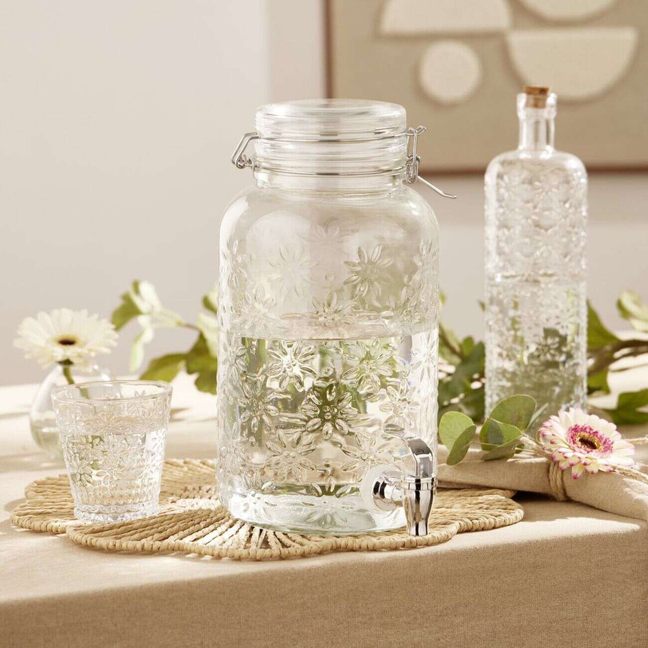 Distributeur à boisson 4L en verre motif fleur en relief transparent Ø16xH29cm
