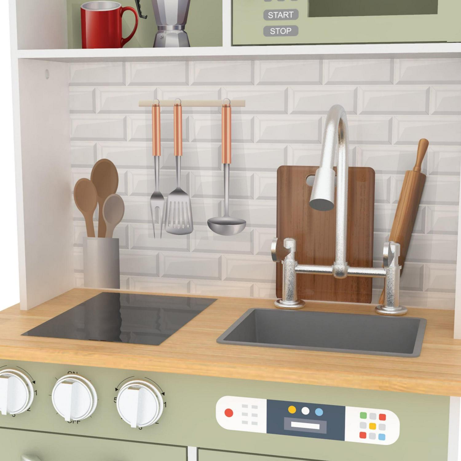 Teamson Kids Little Chef Boston Modern Kitchen Playset. 9 Pcs Acc Set. Oven. Microwave. Burner. Sink. White/Green