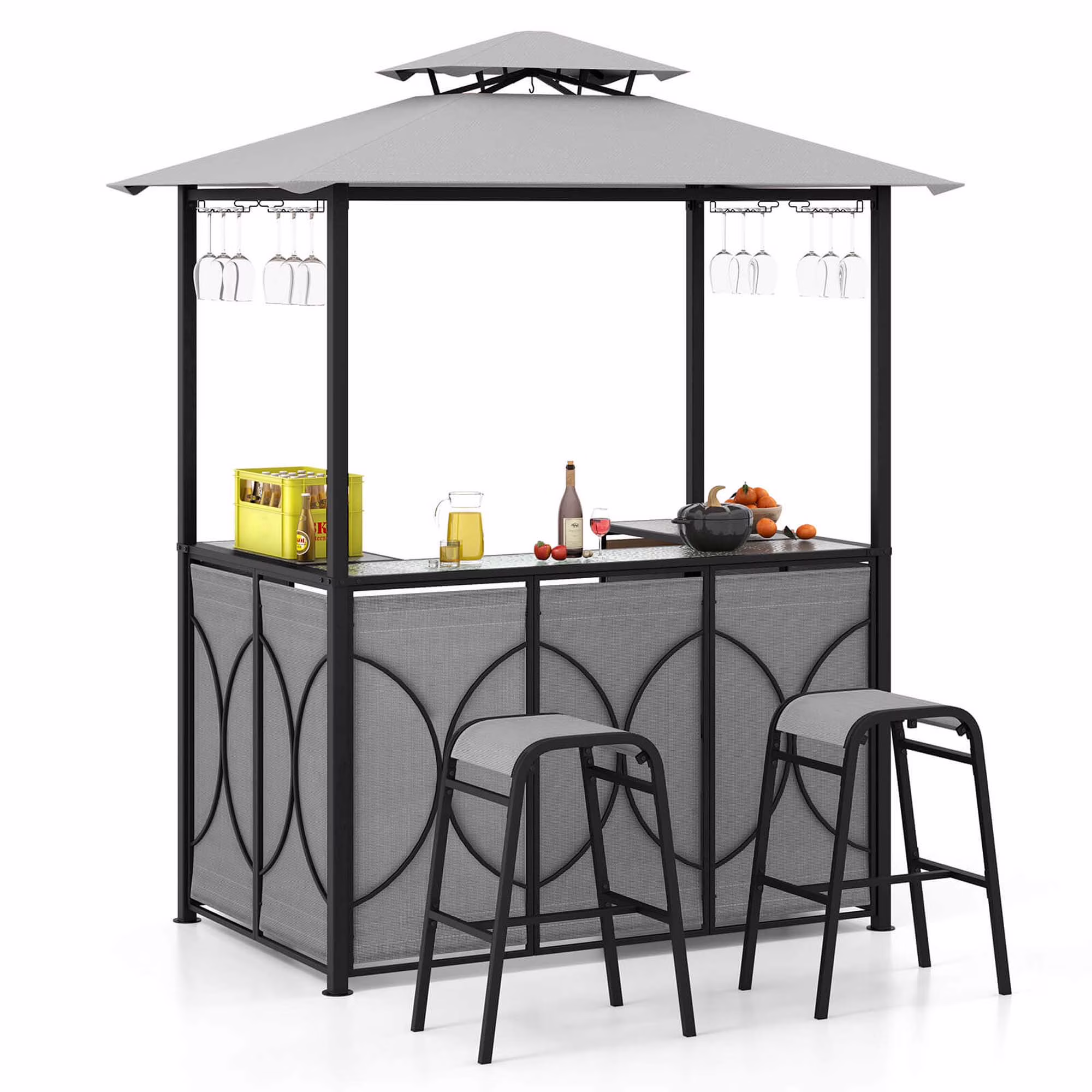 Costway 3 PCS Patio Bar Set with Tempered Glass Bar Table Metal Storage Shelves for Garden Grey