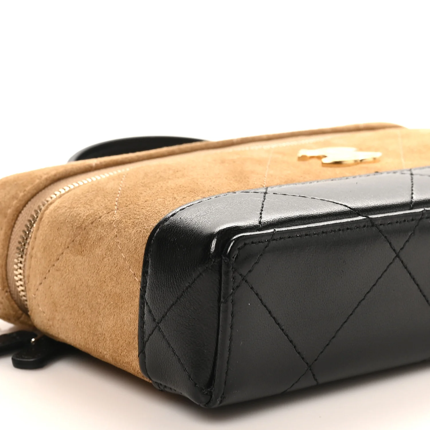 Suede Calfskin Shiny Lambskin Quilted Top Handle Slim Vanity Case With Chain Beige Black