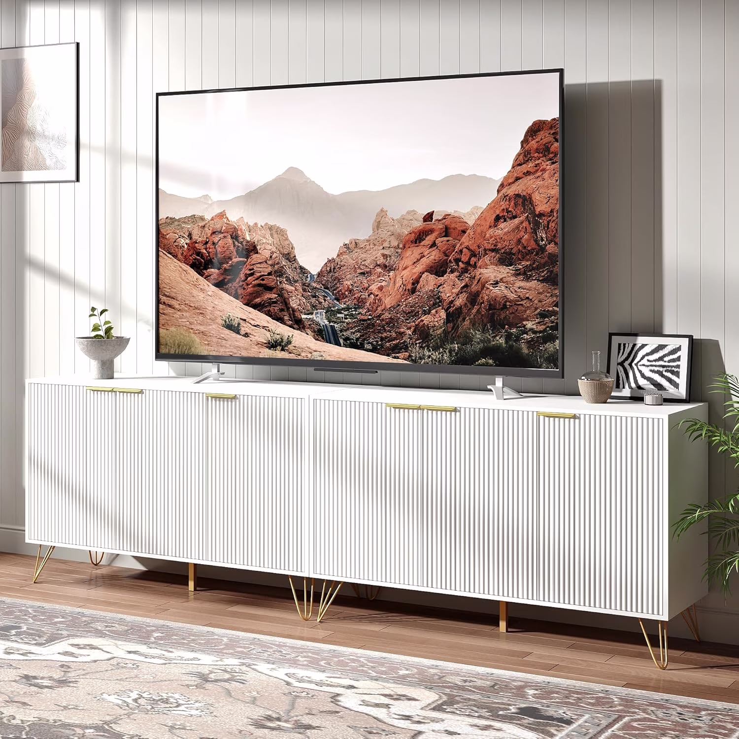 Fluted TV Stand for 100 in TV, Modern TV Stand Console, White Entertainment Center with Storage Cabinets, Adjustable Shelves & Gold Handles, Wood Media Cabinet for Living Room