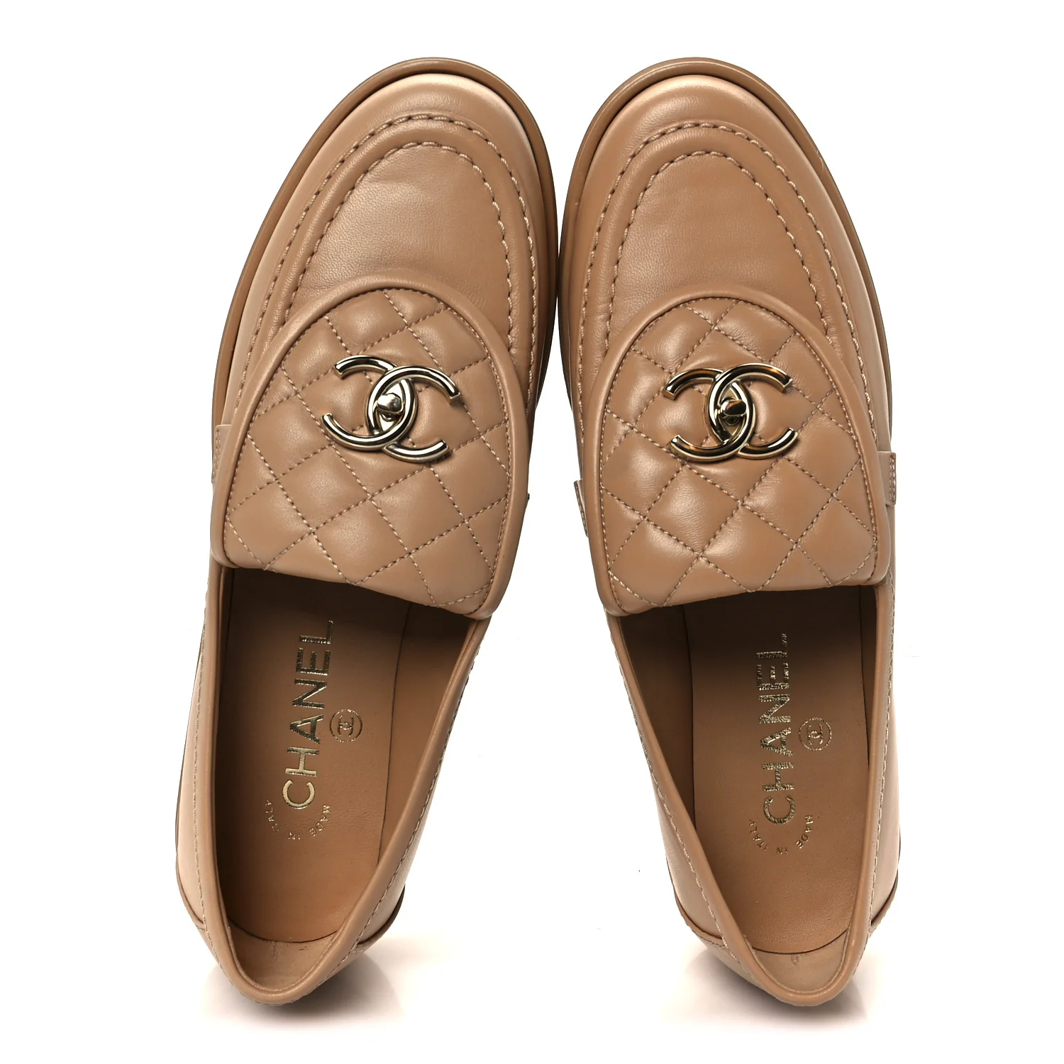 Lambskin Quilted CC Turnlock Moccasins 38 Beige