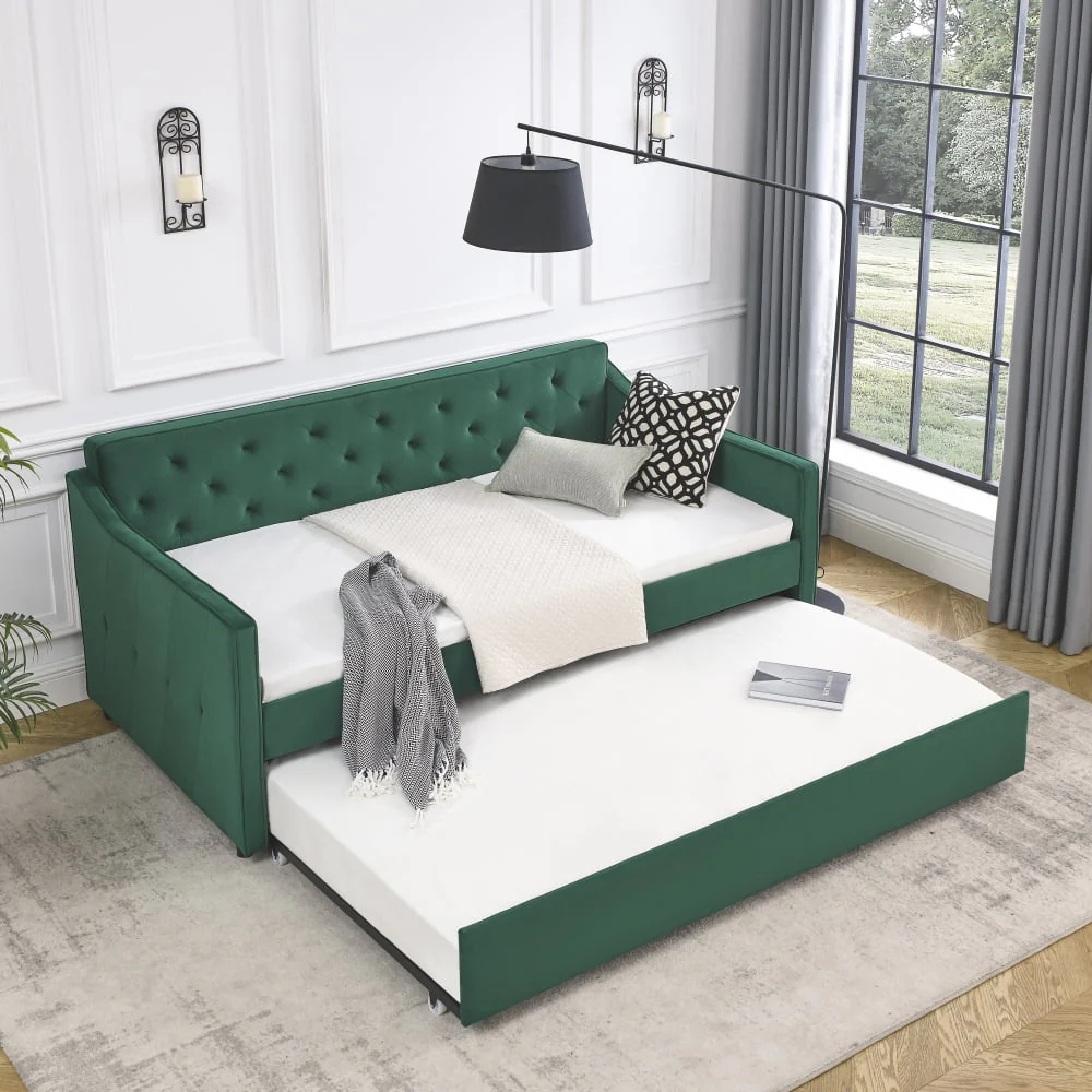 Twin Size Daybed with Trundle, Modern Button Tufted Linen Upholstered Sofa Day Bed Frame with A Roll - Out Trundle, Bedframe Furniture for Bedroom Living Room Guest Room, Green
