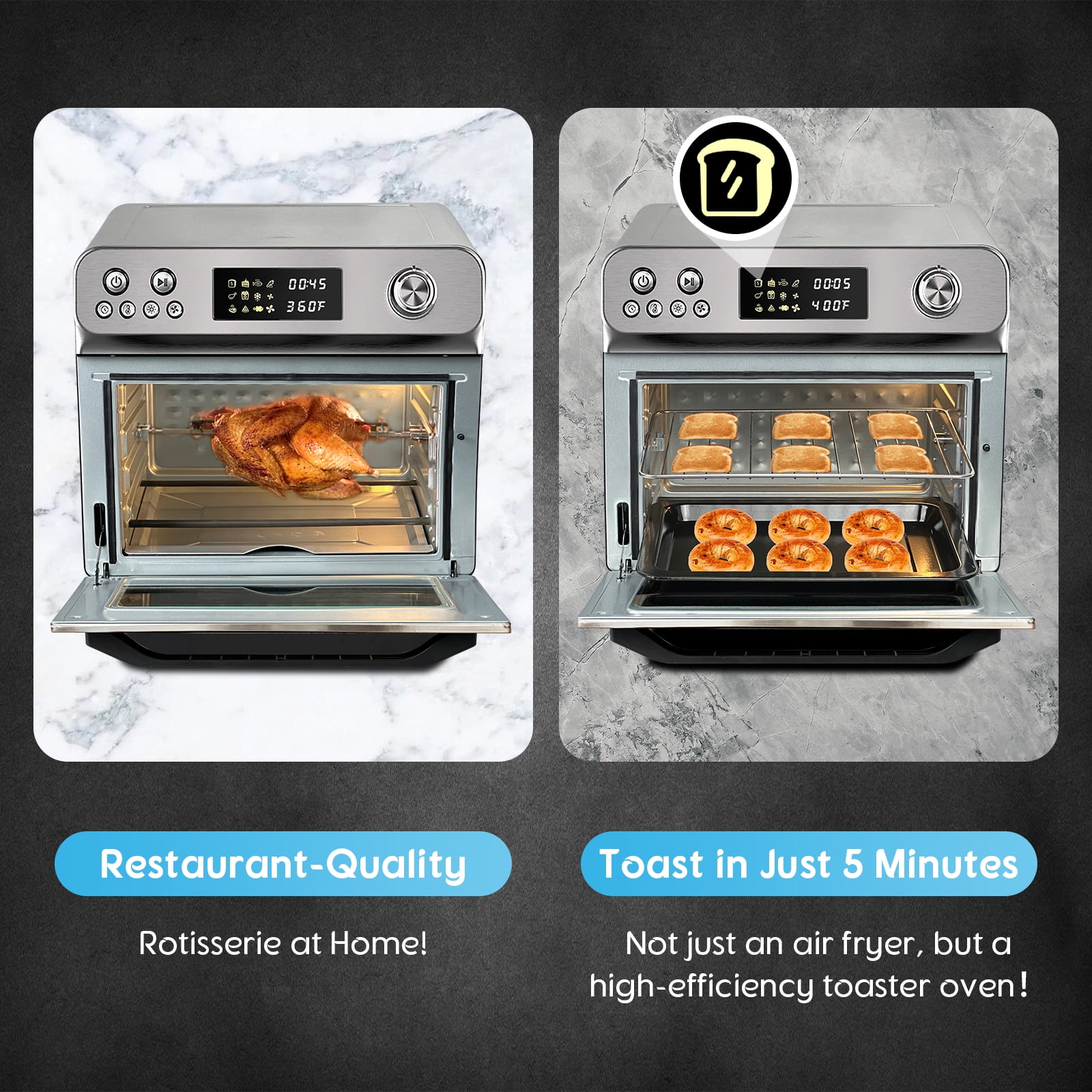 Hysapientia 26QT Air Fryer Oven with Rotisserie 1800W Toaster Oven Air Fryer Combo, 10 in 1 Convection Oven Countertop, Airfryer Toaster Oven, Mini Toaster Oven, Stainless Steel Outer