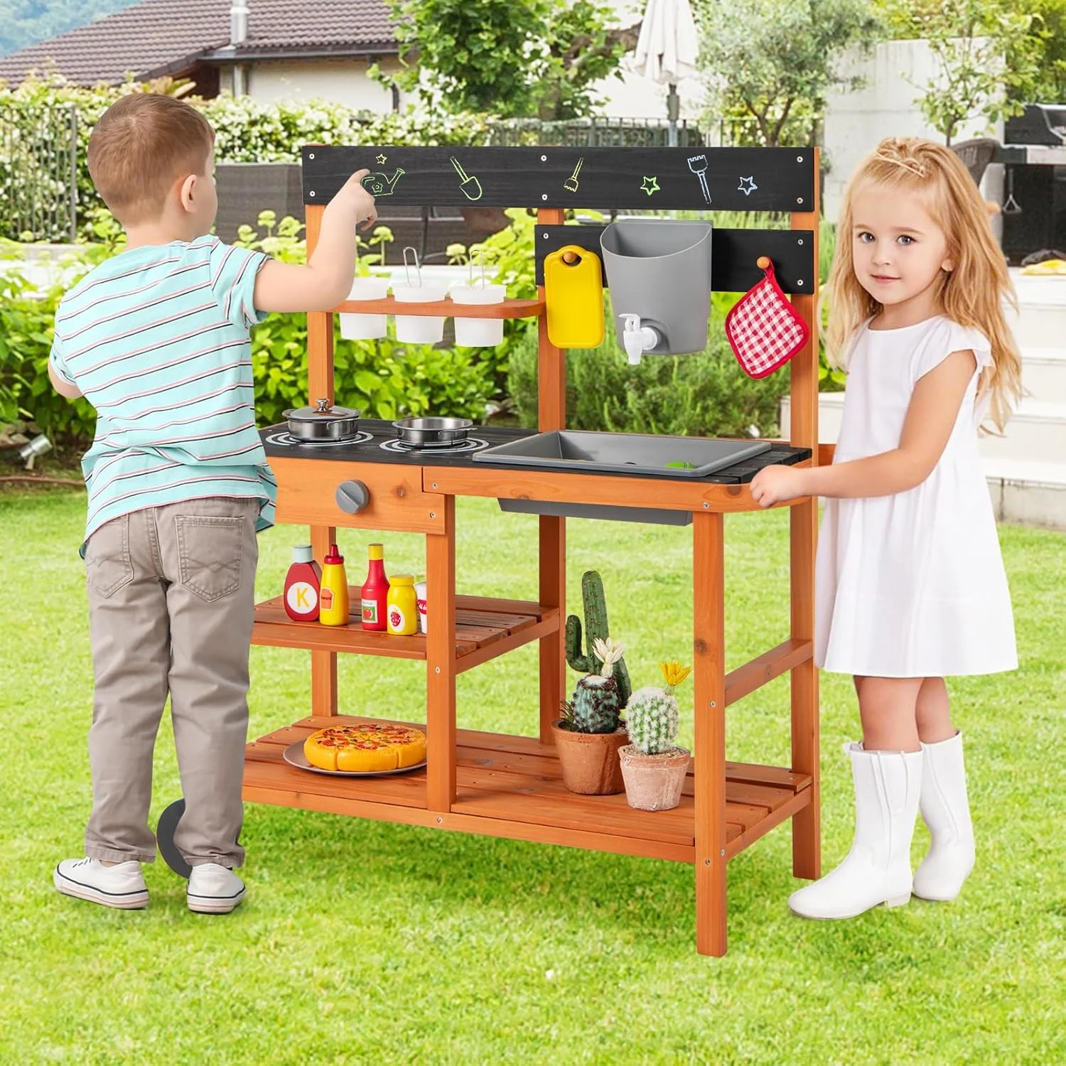 Mud Kitchen, Outdoor Play Kitchen with Wheels 3 Cups Removable Sink Cooking Accessories Wooden Kids Kitchen Playset Backyard Garden Toys Gift for Boys Girls Ages 3+(Outdoor/with Wheels) - Image 8