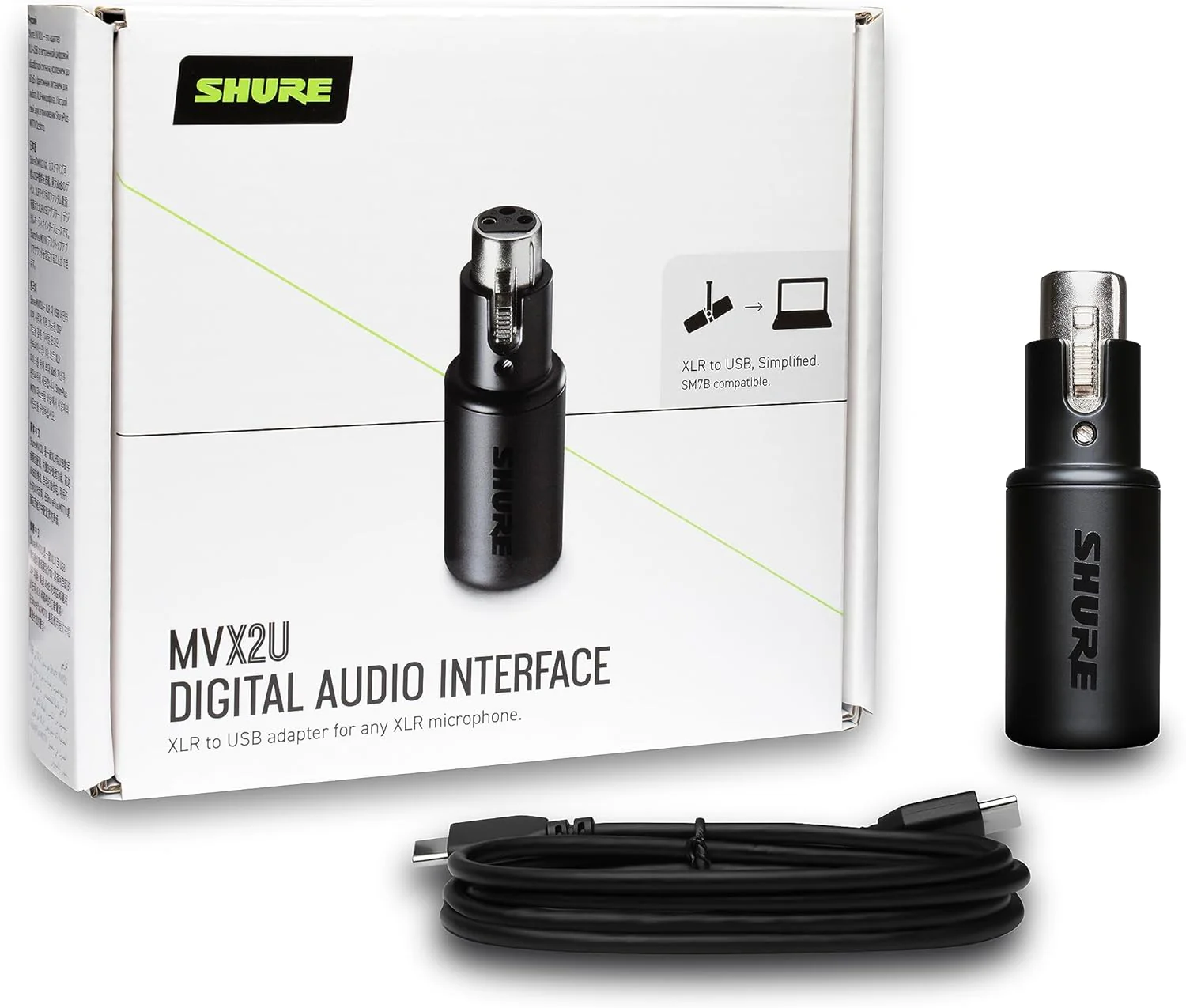 Digital Interface with Headphone Jack, Integrated Pre-amp with 60dB Gain Control, Zero-Latency Monitoring, 48V Phantom Power, ShurePlus Desktop App, 1m USB-C Cable