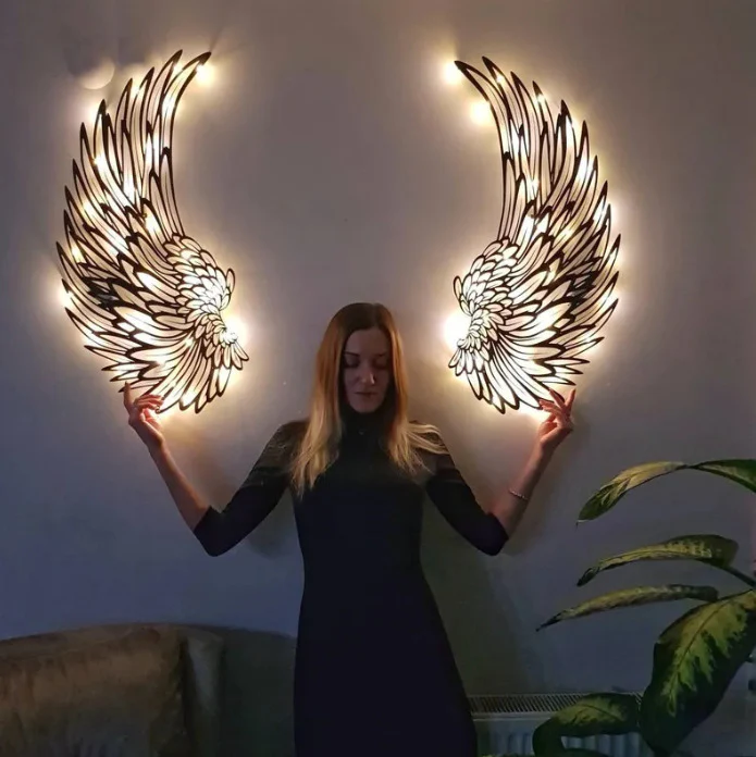 Luxury Angel Wings Metal Wall Art with Soft LED Light – Elegant Home Wall Decor