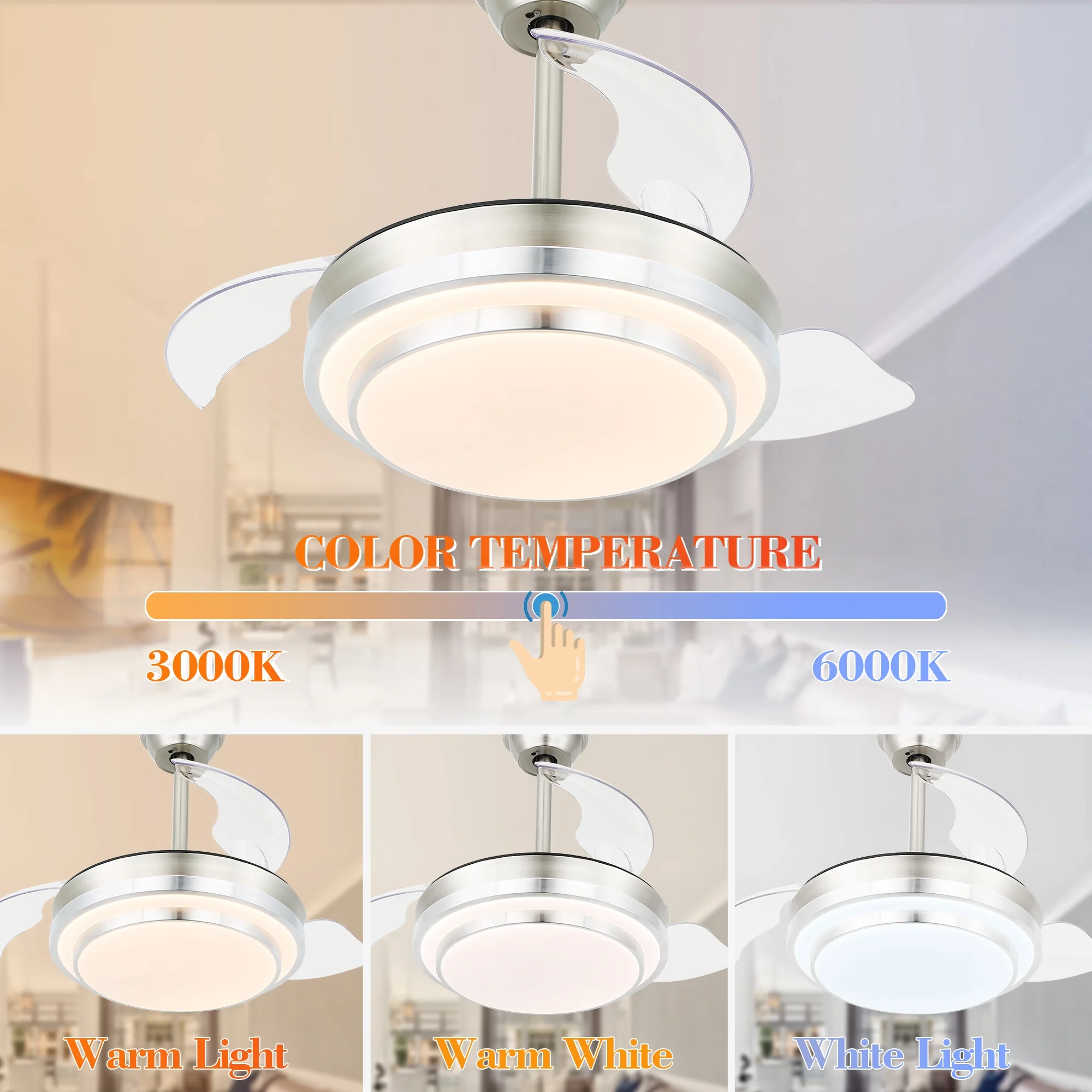 36'' LED Retractable Blades Ceiling Fan with Remote Control and Light Kit, 6-Speed Ceiling Fan with Reversile Blades