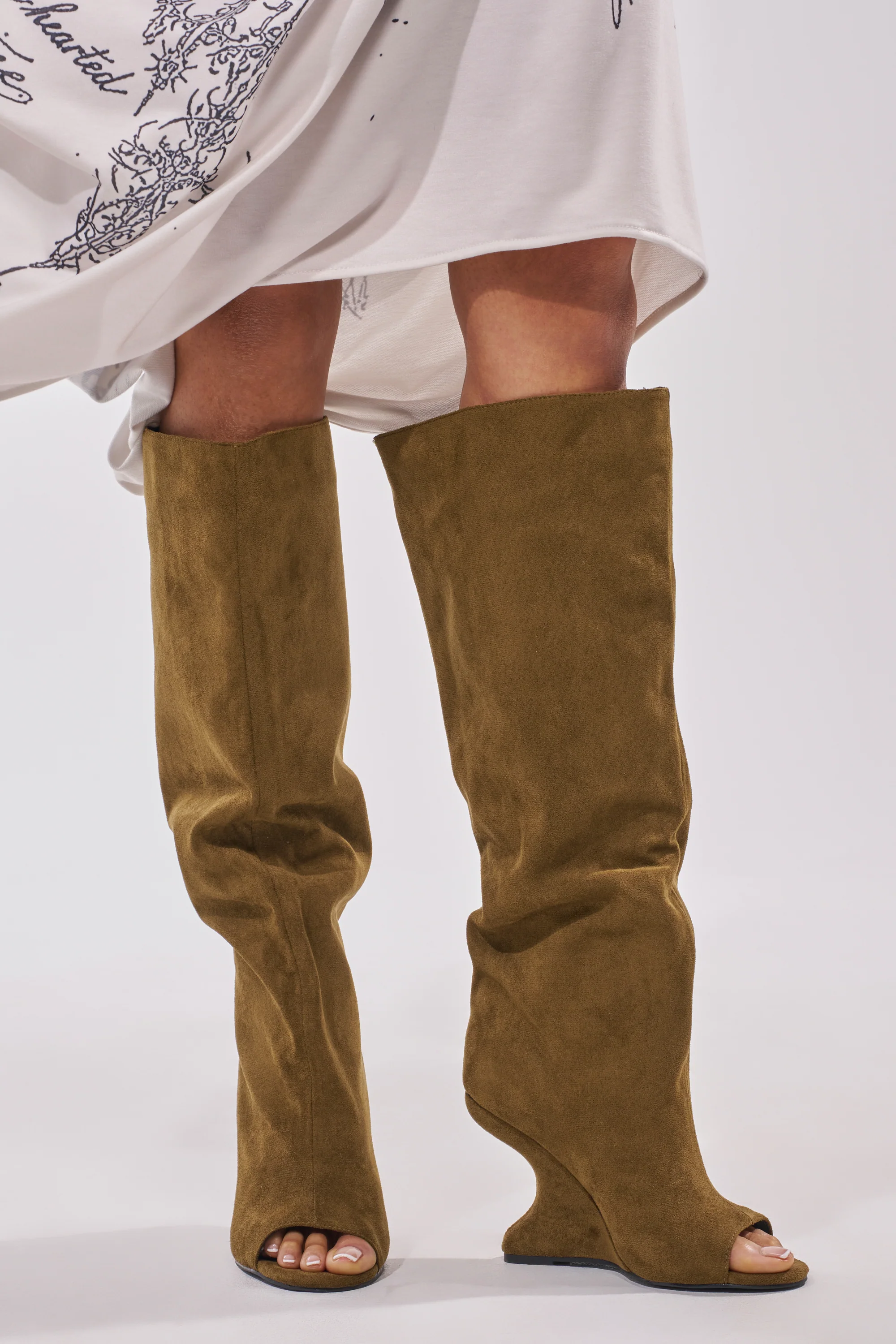 AZALEA WANG VINCENT OLIVE FAUX SUEDE OPEN TOE WEDGE BOOT - Akira Store