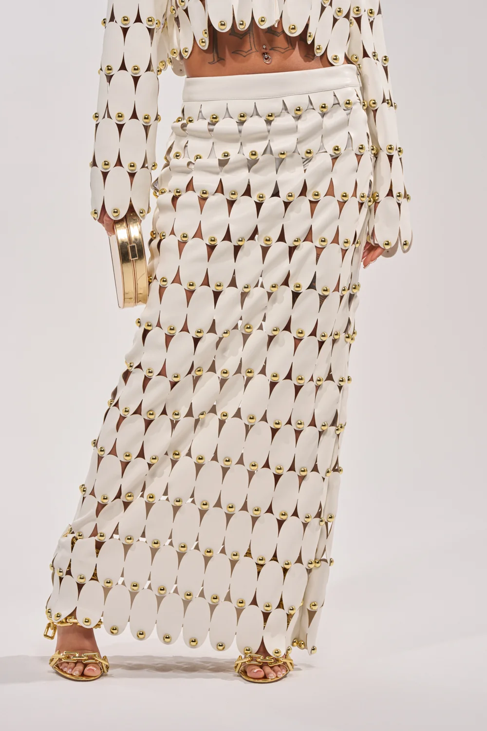 THE SNEAK PEEK STUDDED PU MIDI SKIRT IN WHITE - Akira Store