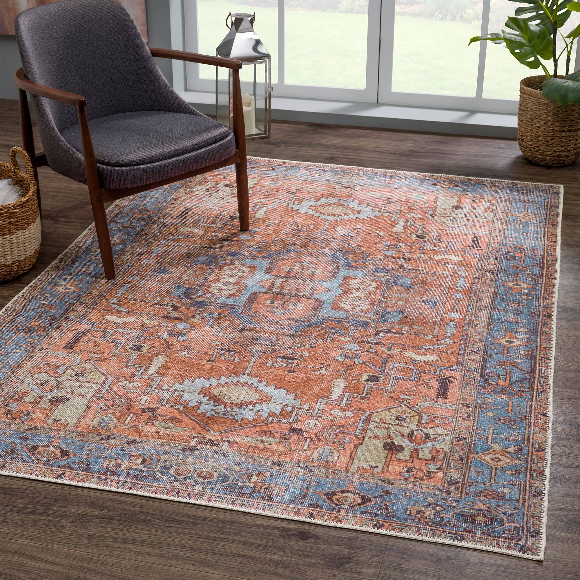 Bloom Rugs Washable 5' x 7' Rug - Terracotta/Blue Traditional Area Rug for Living Room, Bedroom, Dining Room, and Kitchen - Exact Size: 5' x 7'