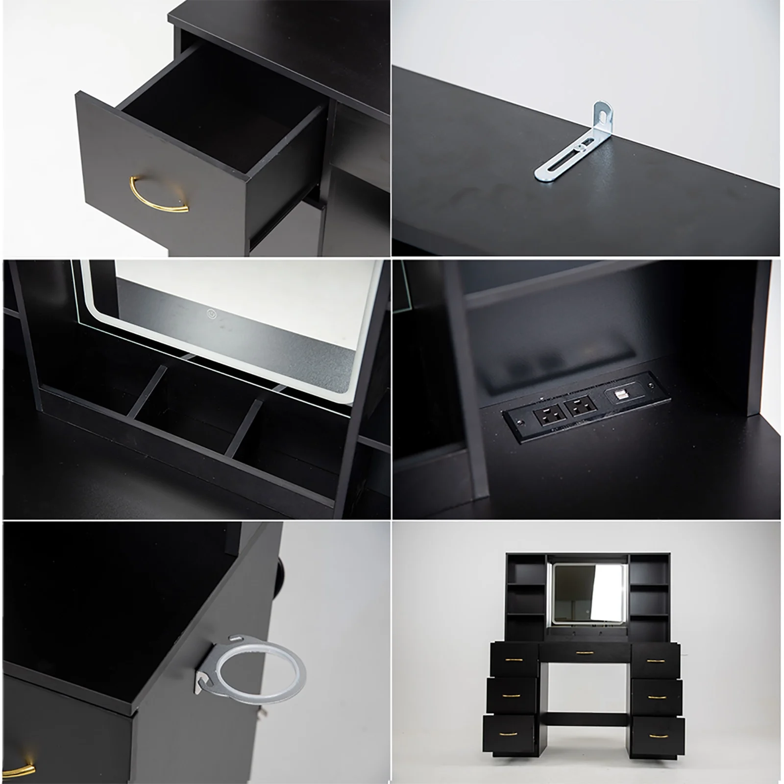 47" Large Vanity Desk with Lighted Mirror Charging Station, Black Makeup Vanity with 7 Drawers 6 Shelves, Vanity Set with Cushioned Stool(Black) Image 9