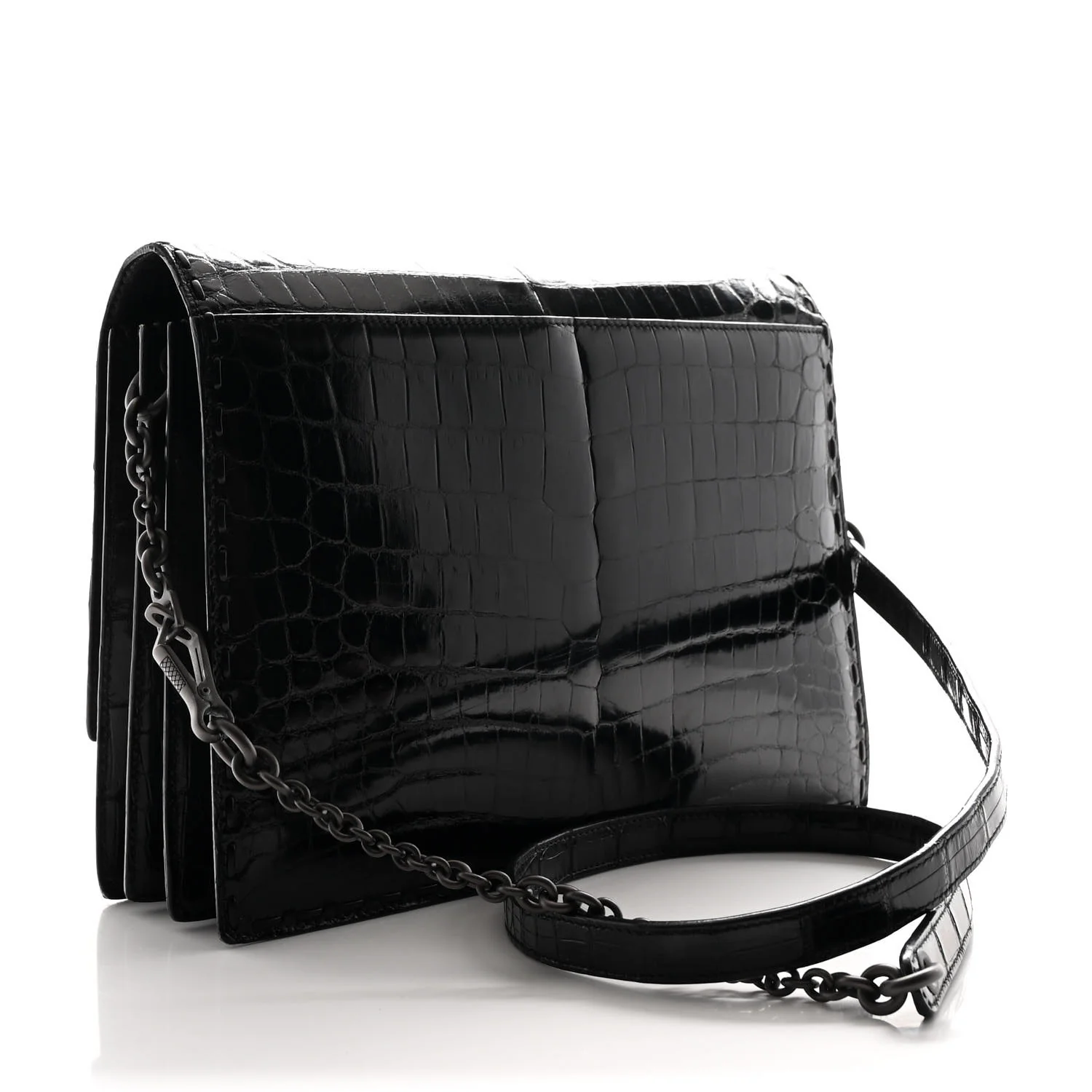 Crocodile Accordion Flap Shoulder Bag Black