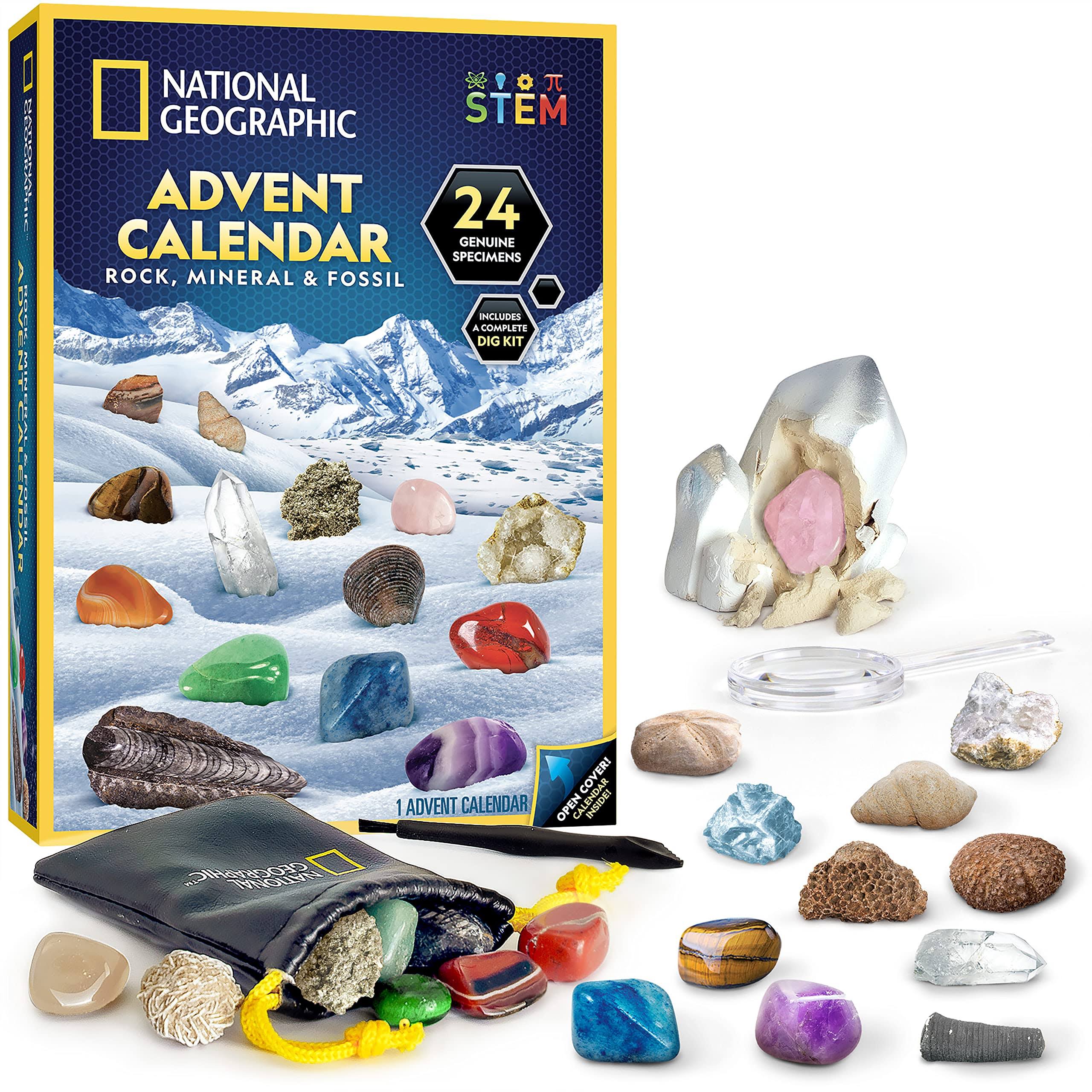 National Geographic Rock Collection Advent Calendar 2023 with 24 Gemstones, Minerals & Fossils for Kids, Complete Gem & Fossil Collection Christmas