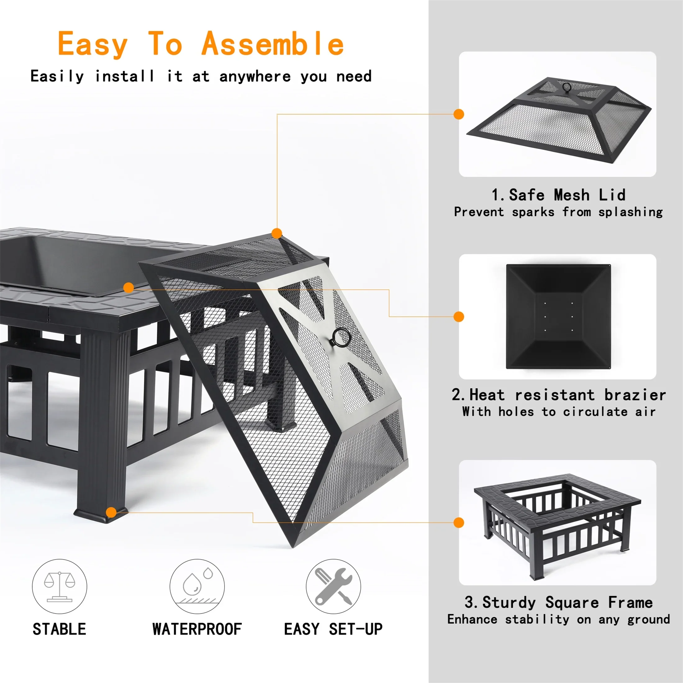Fire Pits for Outside, UHOMEPRO 32 Square Iron Fire Pit Backyard Patio Garden Stove Wood Burning Fire Pit w/ BBQ Net, Waterprrof Cover, Mesh Screen Lid, Wood Grate, Poker, Durable Fire Pit
