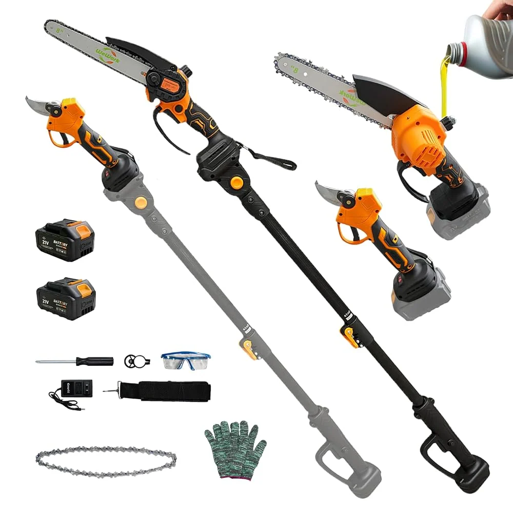 Brushless 4-IN-1 Cordless Pole Saw & Electric Mini Chainsaw with Extension Pole, 6 Inch Guide Bar, 14 FT Max Reach, 2 × 21V 2.0Ah Batteries, Branch Trimmer for Tree