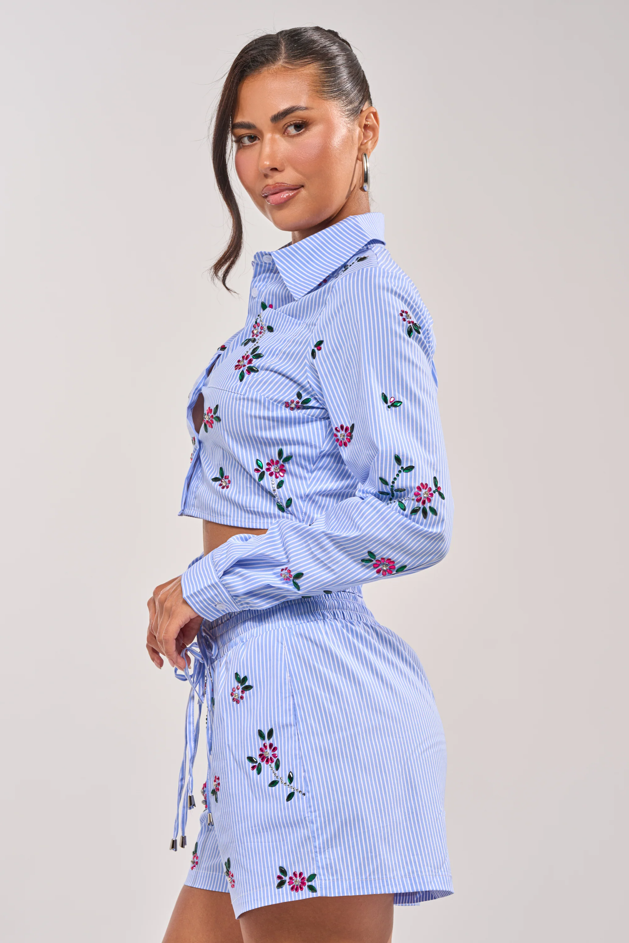 JUNIE POPLIN RHINESTONE DETAIL BLOUSE - Akira Store