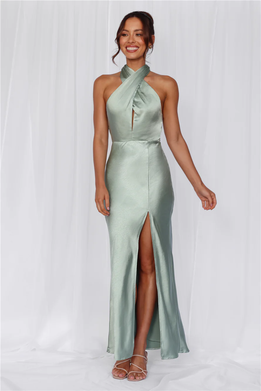 HELLO MOLLY The Adeline Halter Satin Maxi Dress Sage