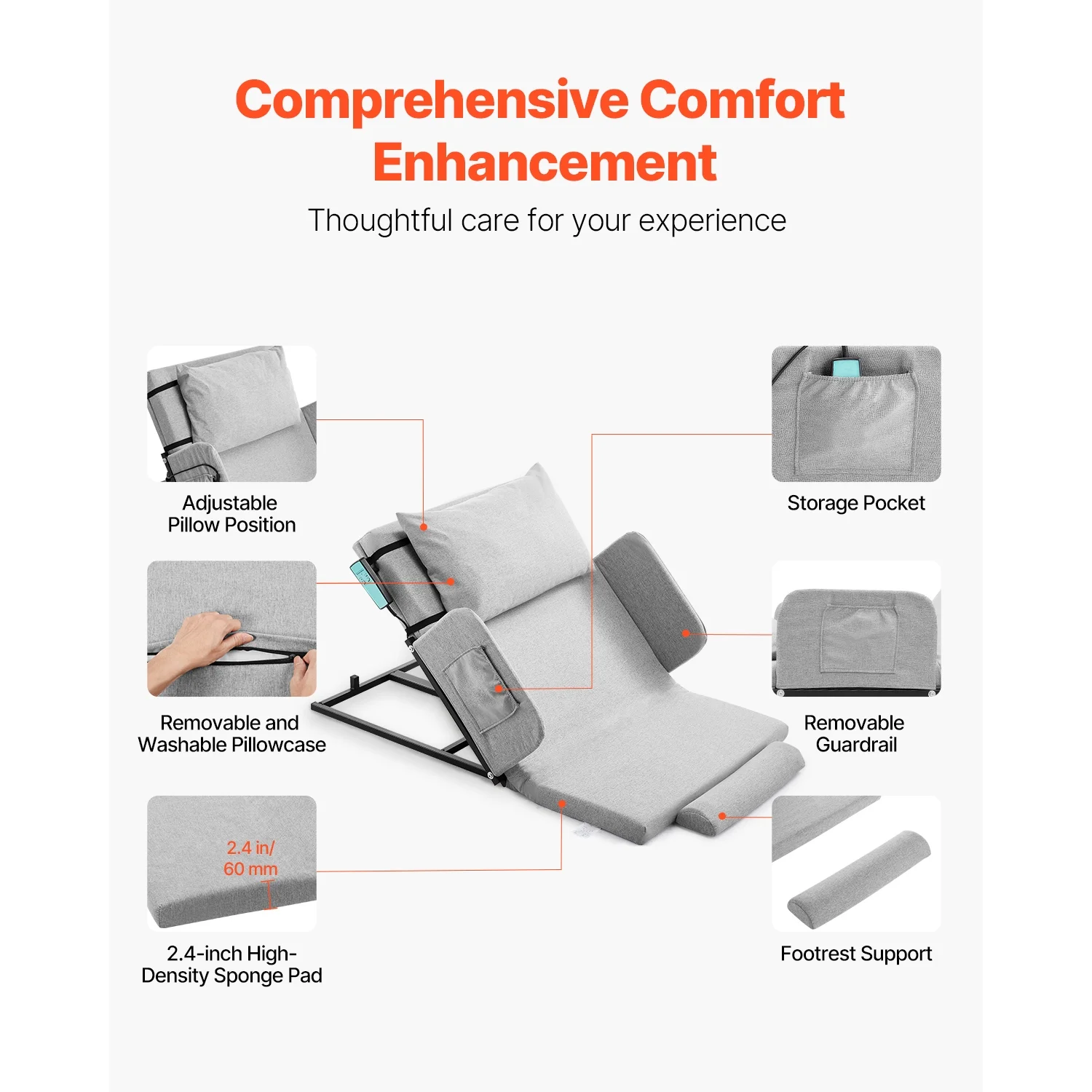Electric Adjustable Bed Backrest, 300 lbs Capacity, 4-68�� Incline, with Armrest Storage Pocket, Machine Washable, Ideal for Pregnant Women, Elderly, and Patients - Image 5