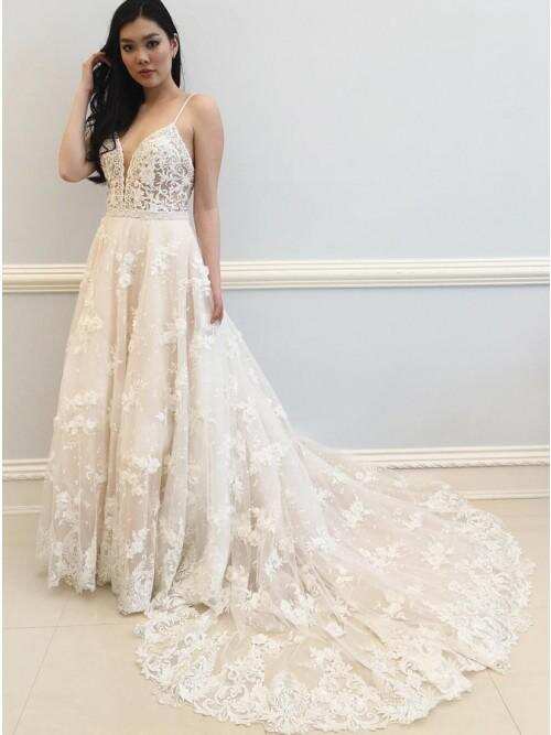 A-Line Spaghetti Straps Off White Wedding Dress with Appliques DMK39