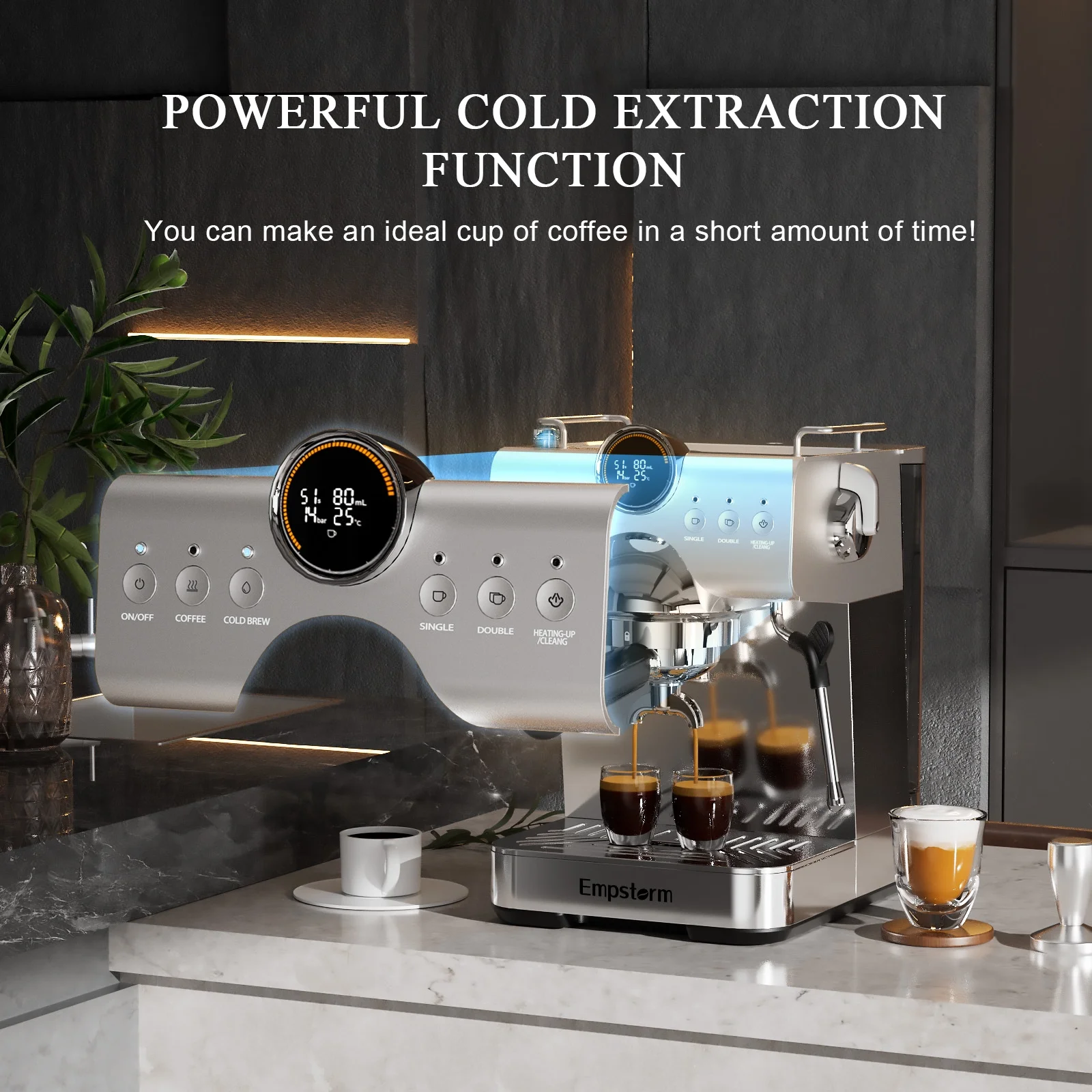Empstorm 20 Bar Espresso Machine, Hot and Iced Coffee Machine with Cold Brew, Espresso Maker with Milk Frother, with 51 oz Water Tank, for Latte, Cappuccino, Cold Brew