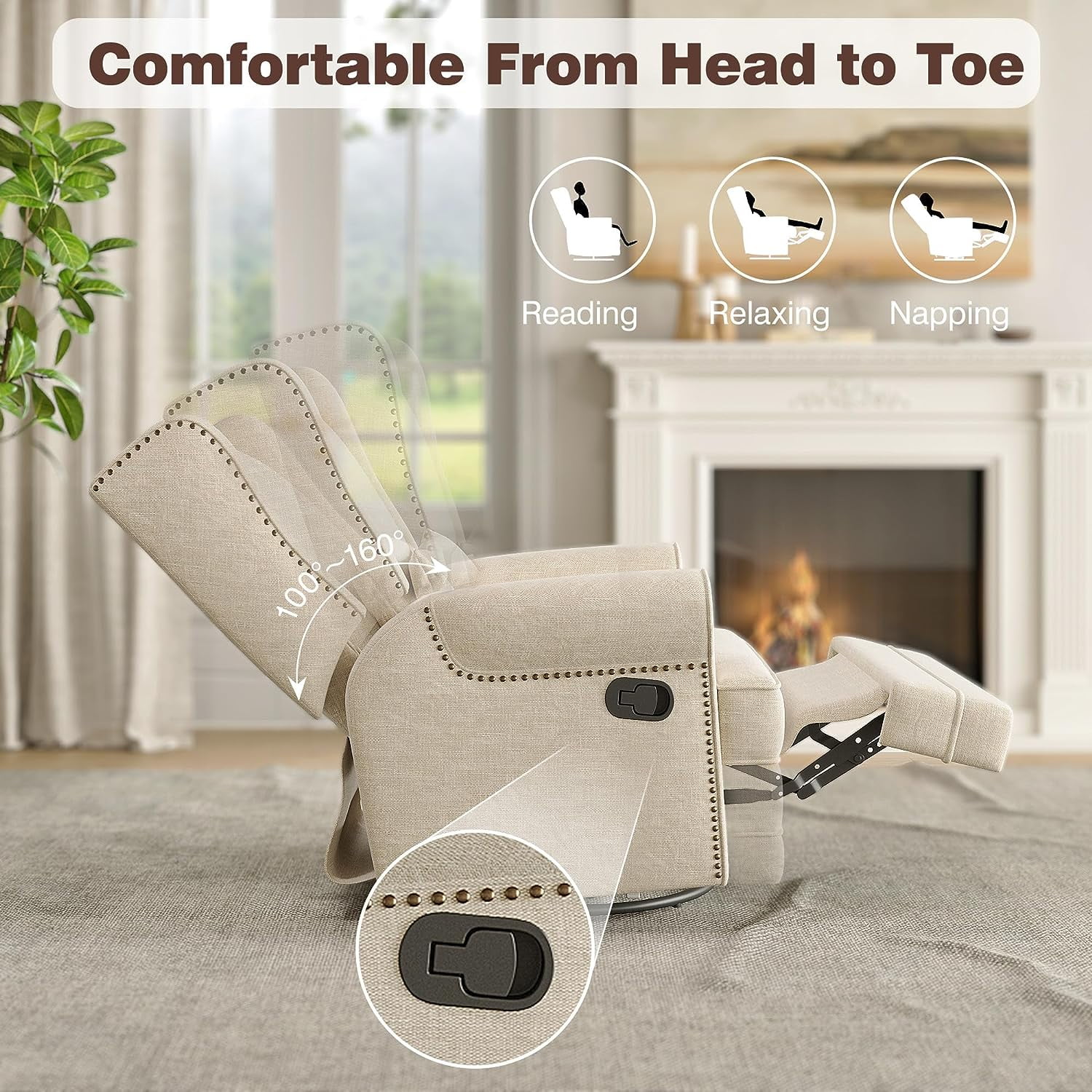 Swivel Nursery Glider Recliner, Comfy Upholstered Glider Chair with Lumbar Pillow and Footrest, Beige(Beige) - Image 8