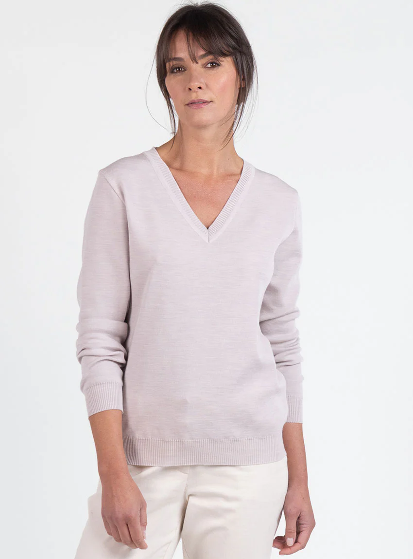 Pull femme col V en laine beige naturel