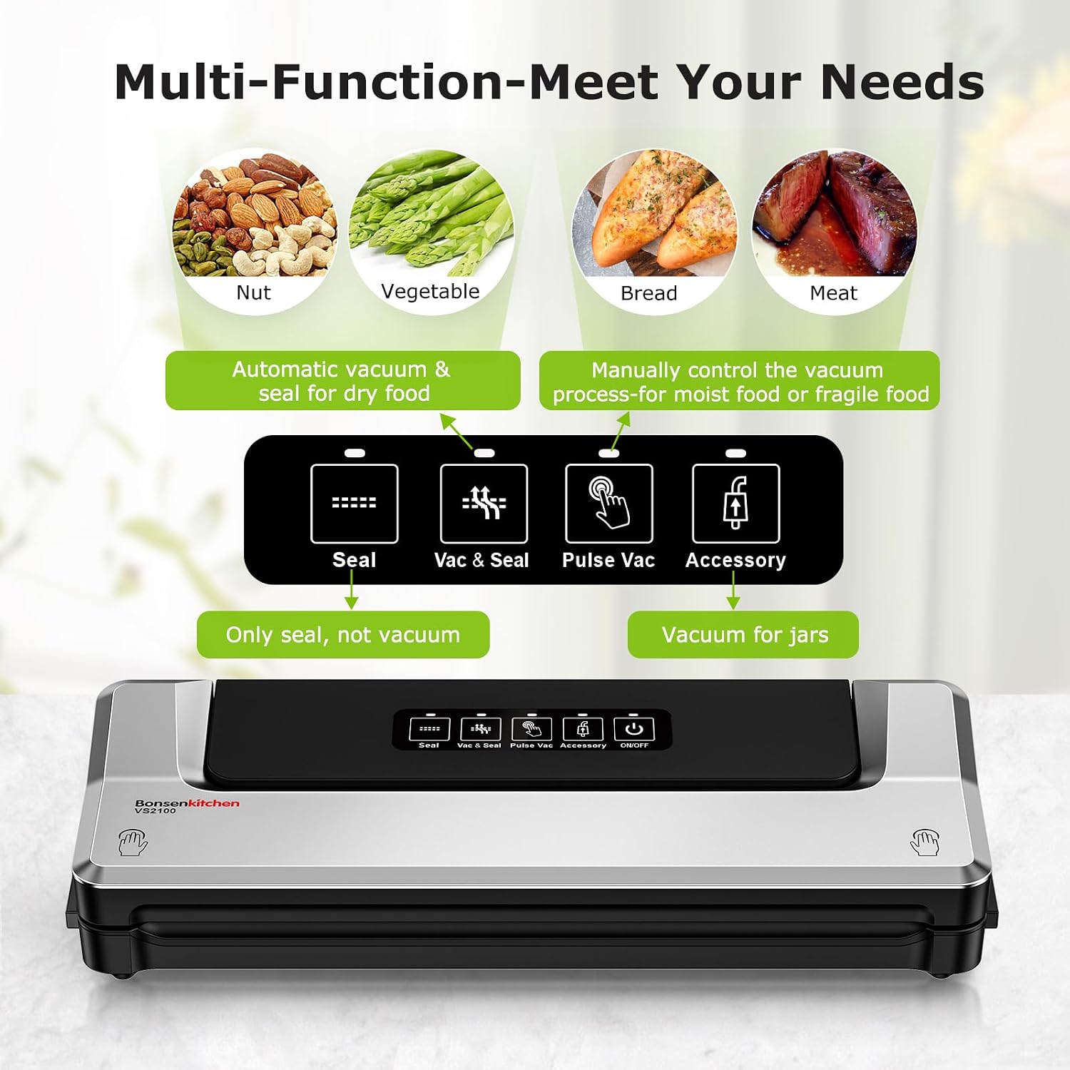 Bonsenkitchen Vacuum Sealer Machine, Multiple Modes For Meal Prep, Silver| Compact Vacuum Sealer for Kitchen Storage & Sous-Vide, External Vacuum System, 6x Longer Freshness, 5 Vacuum Bags