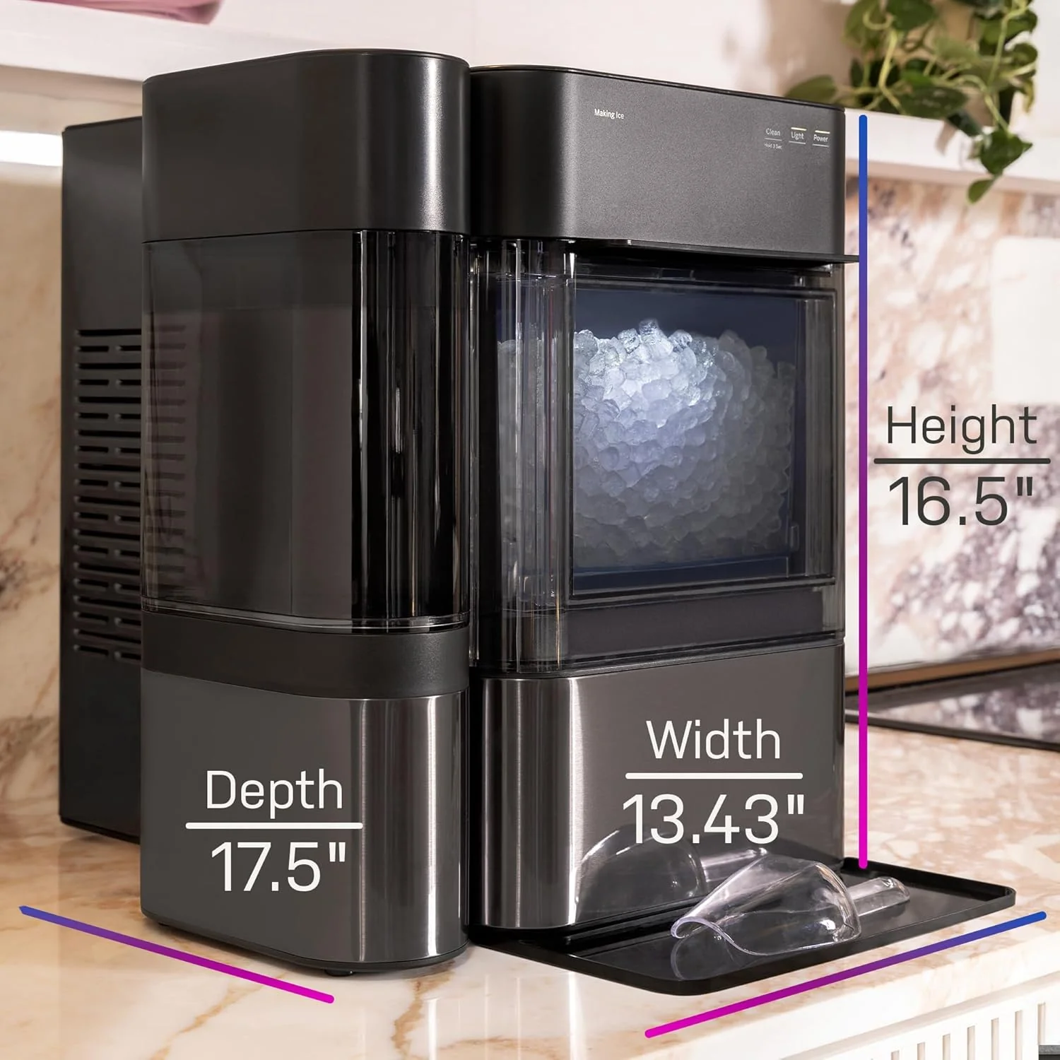 Machine à glaçons GE Profile Opal 2.0 XL avec réservoir de 3,8 litres, glaçons en pépites croquants et faciles à mâcher, pelle incluse, 17 kg en 24 heures, avec Wi-Fi et fonctionnalités intelligentes, en acier inoxydable.