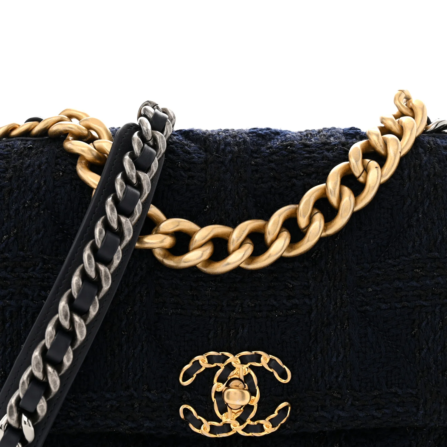 Tweed Quilted Large Chanel 19 Flap Navy Blue