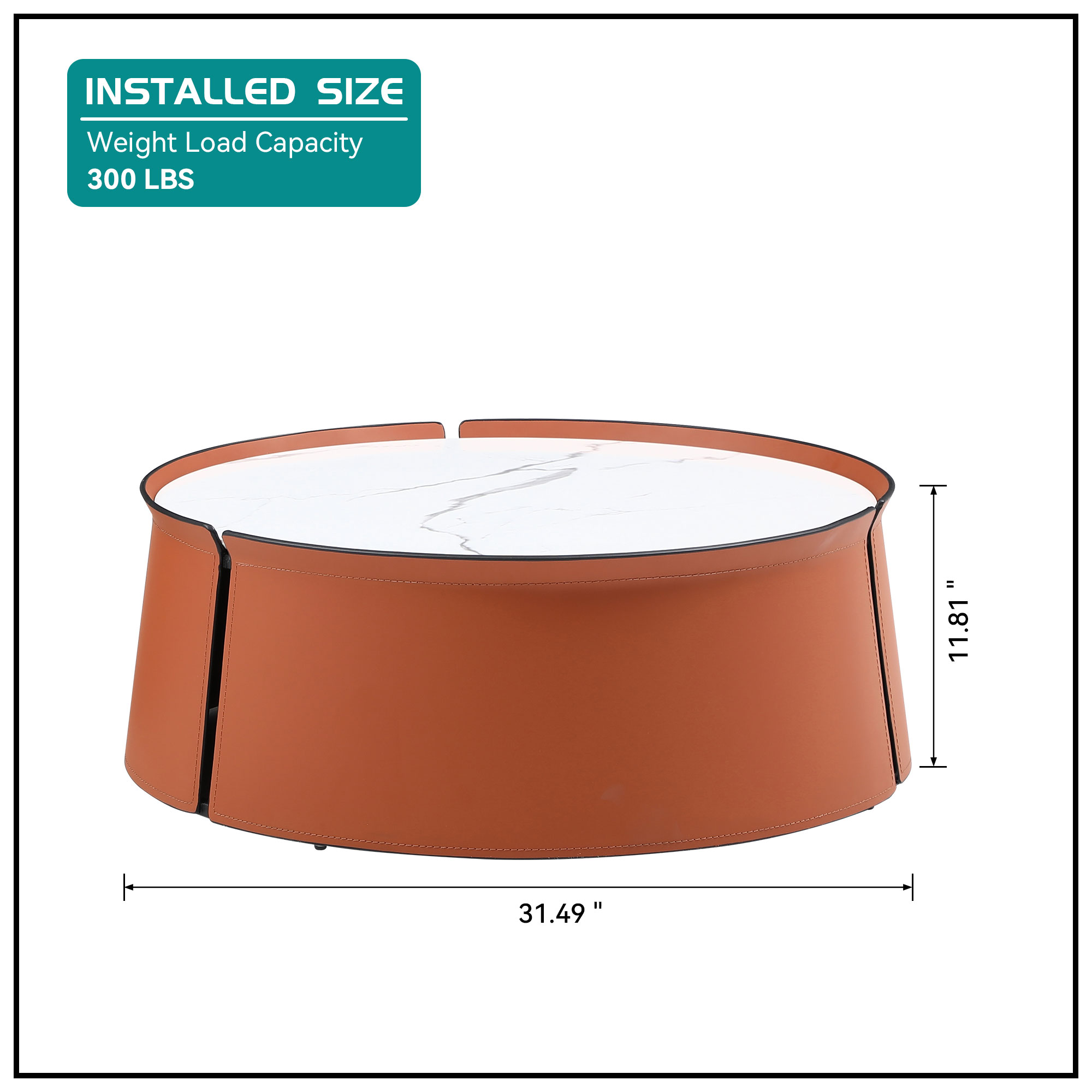 31.5inch Coffee Table, Marble Top+Orange Saddle Leather Body+Iron Frame(Orange) - Image 4