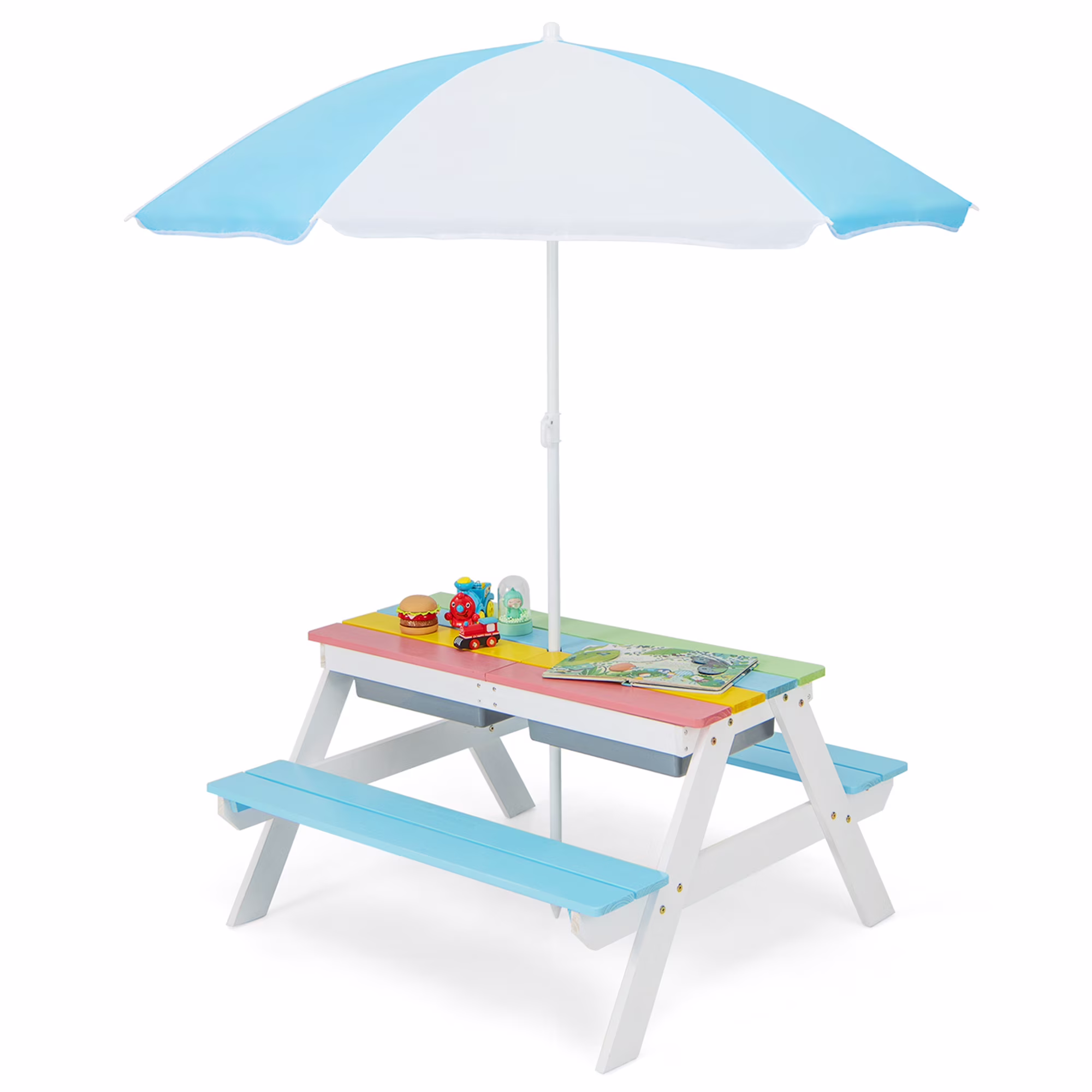 3-in-1 Kids Picnic Table Wooden Outdoor Sand Water Table with Umbrella Play Boxes Green(Green) - Image 3