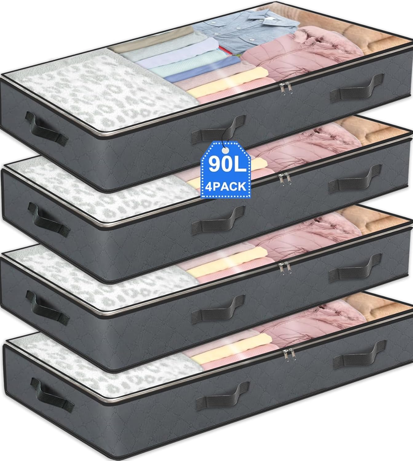 BiCINE 4 Pack Under Bed Storage, 90L Foldable Closet Containers Organizers