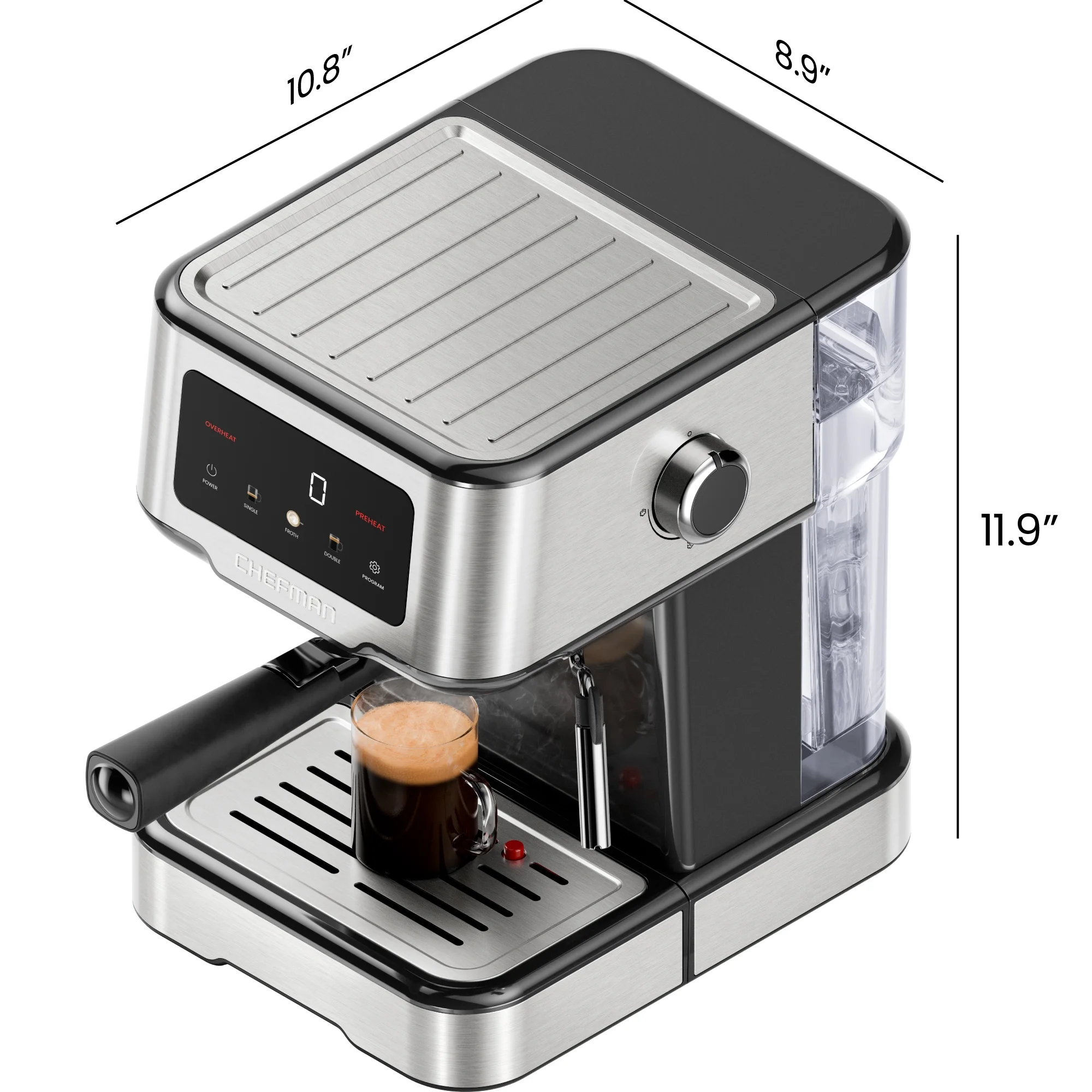 Chefman Craftbrew Espresso Machine W/ Steam Wand and Touch Controls - Stainless Steel